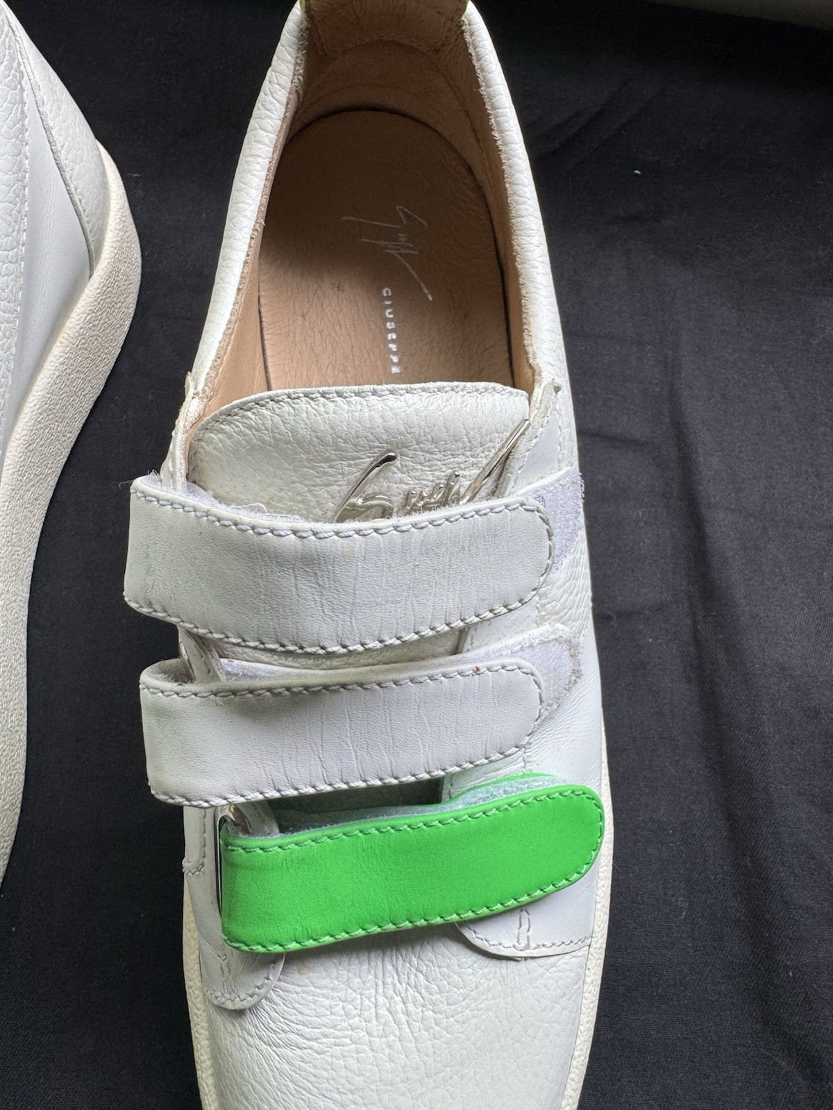 Giuseppe Zanotti Men’s Low Top Hook & Loop Leather Sneakers, White/Green/Yellow
