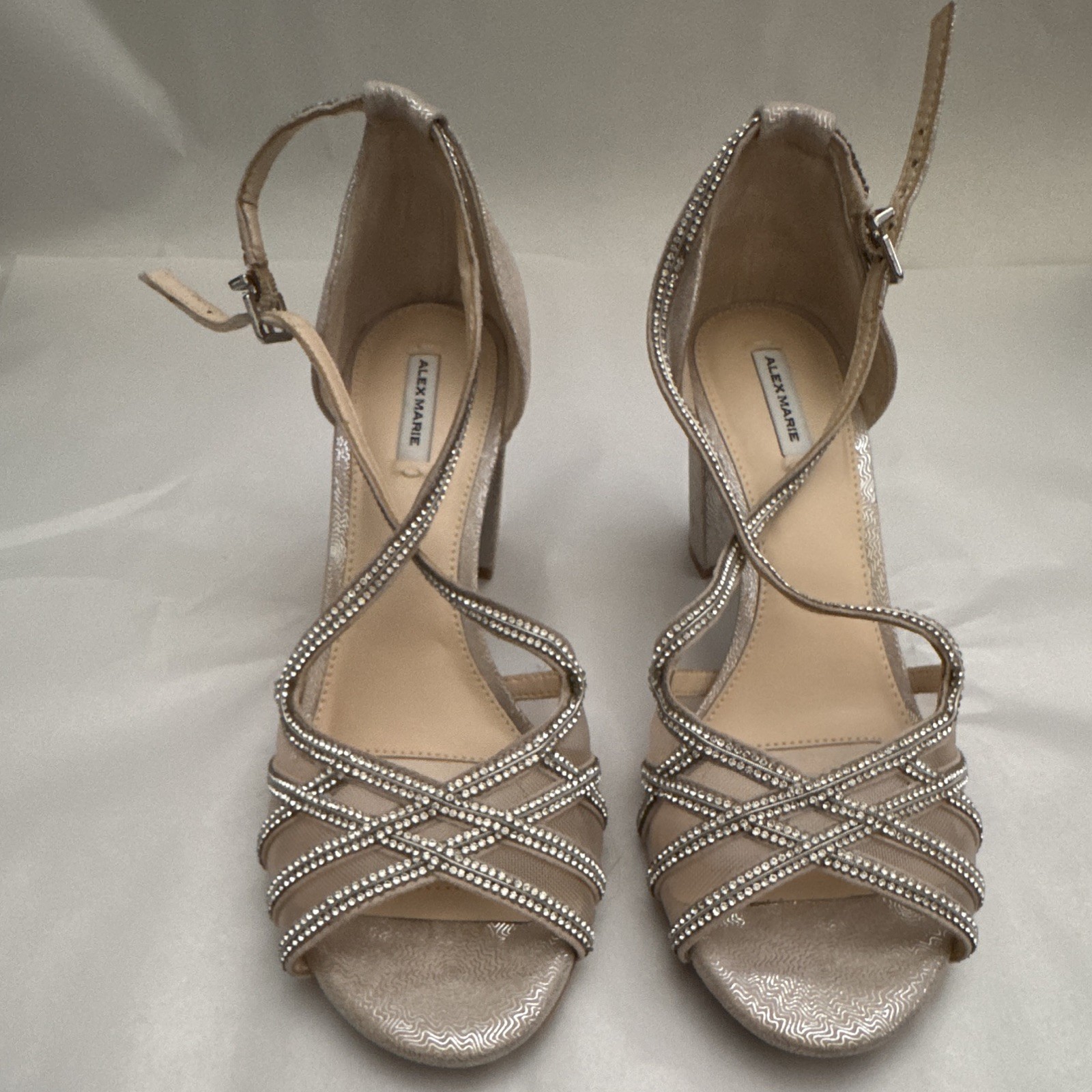 Alex Marie Beige Synthetic Strappy Open Toe Ankle Strap Buckle Heels 7.5