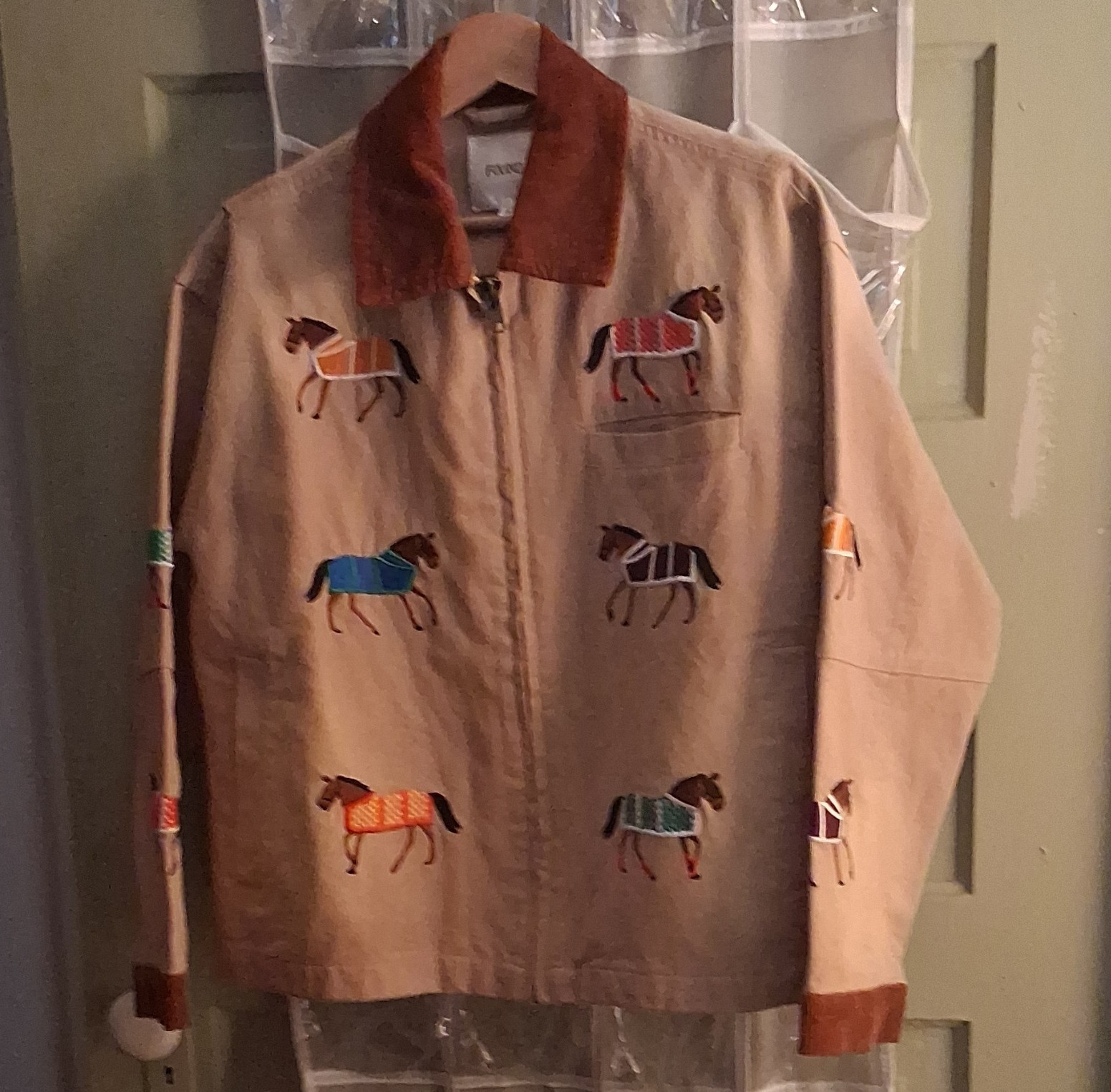 FOUND Women’s S Beige/Brown Horse Embroidered Zip Jacket, Pockets, Short