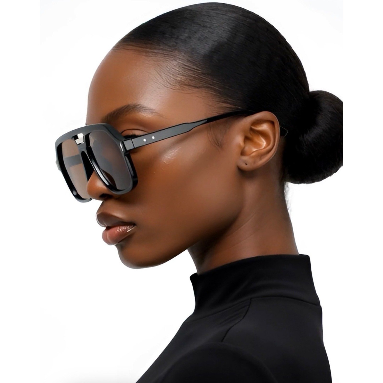 Oversized Flat Top Fancy Sunglasses Black Frame Brown Lens Square Shield 142mm