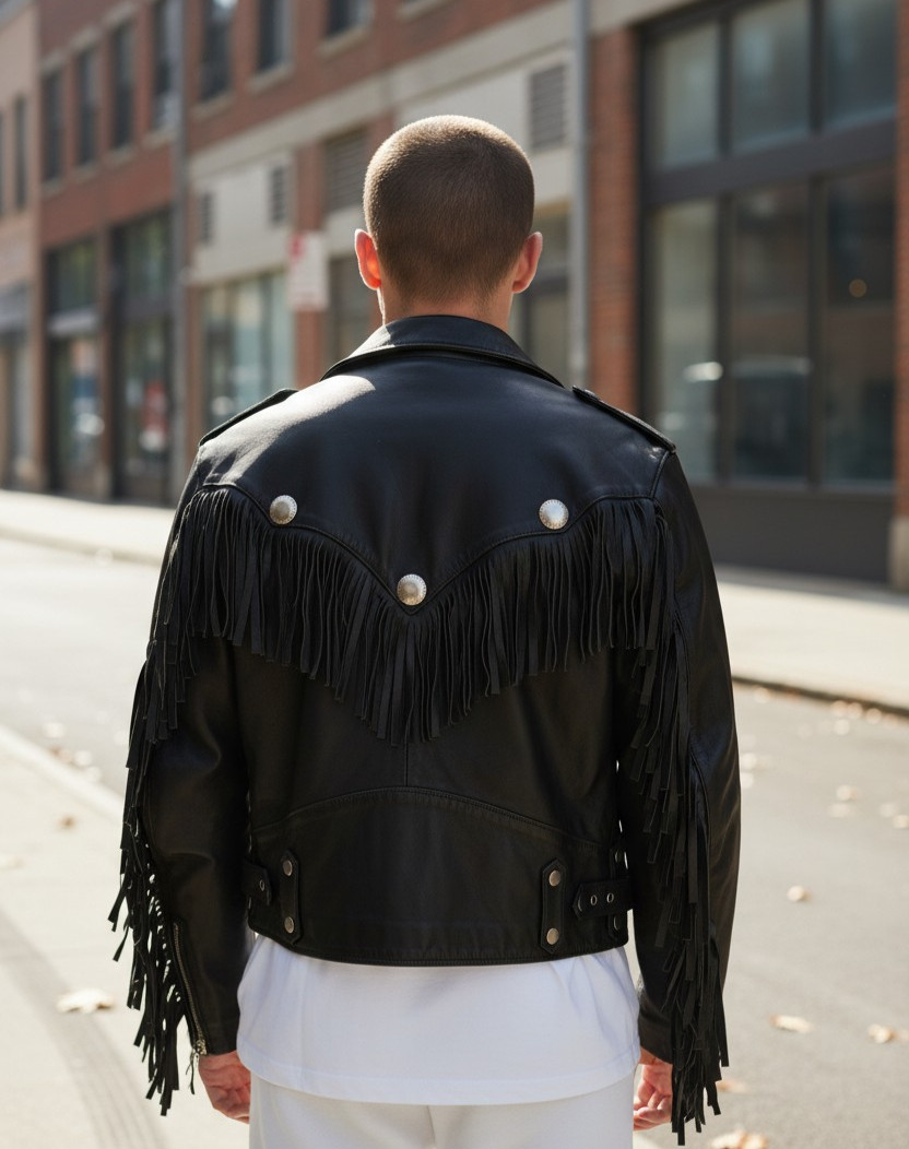 Men’s Real Cowhide Bikers Jacket With Fringes & Conchos Leather Bikers Jacket