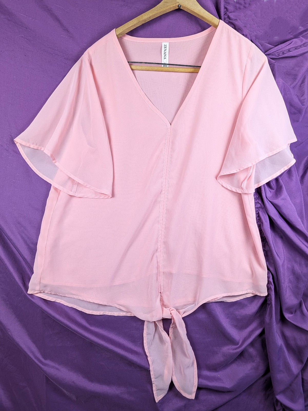 ZENANA Tunic Top L Tie Front Mustard Pink Flowy Flutter Sleeve Lagenlook
