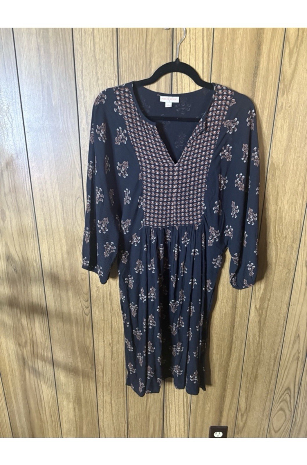 Knox Rose Black Floral A-Line Midi Dress V-Neck 3/4 Sleeve Regular Sz XS