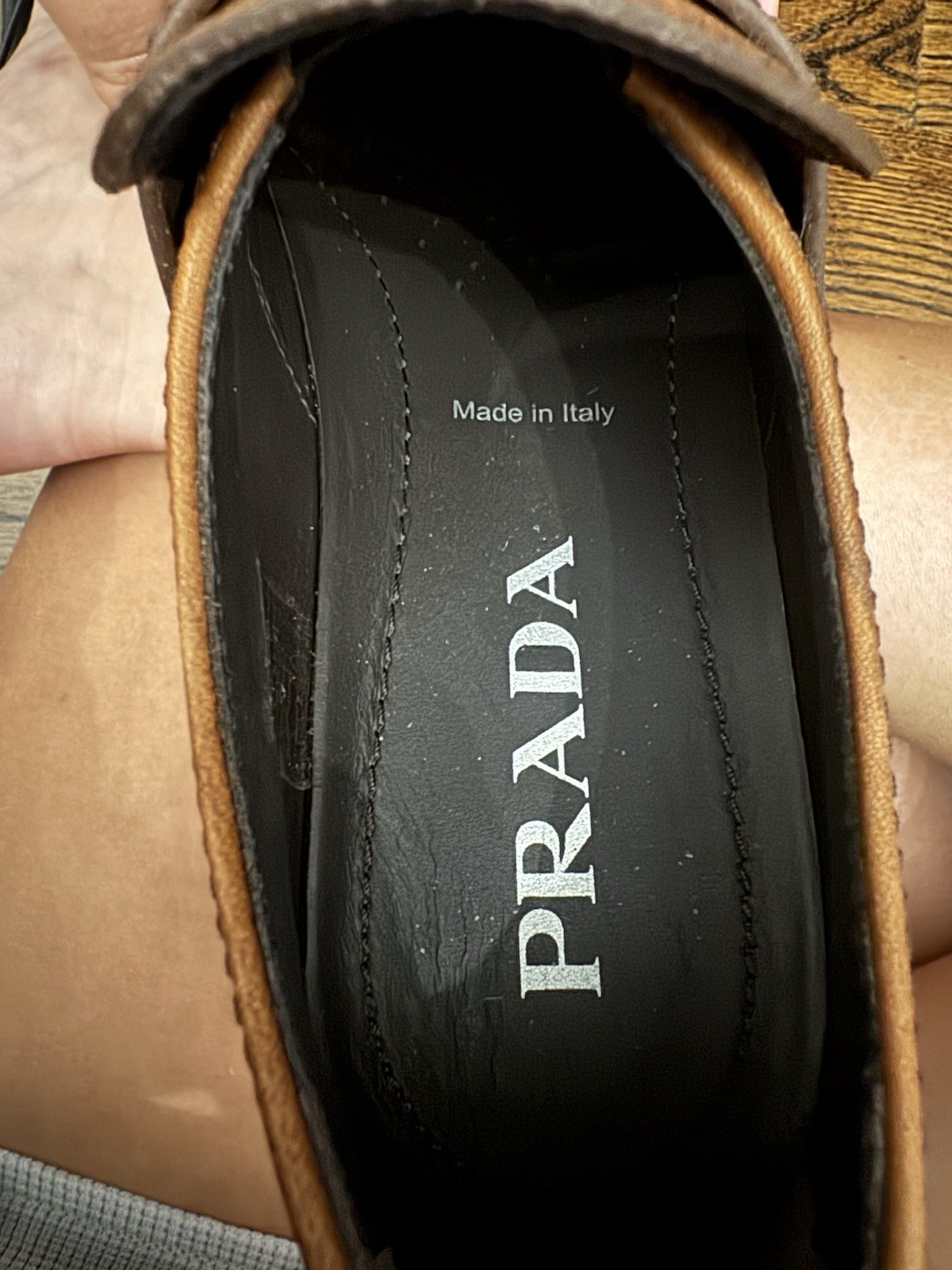 PRADA Brown Leather Slip-On Loafers Logo Round Toe EU 37 US 7