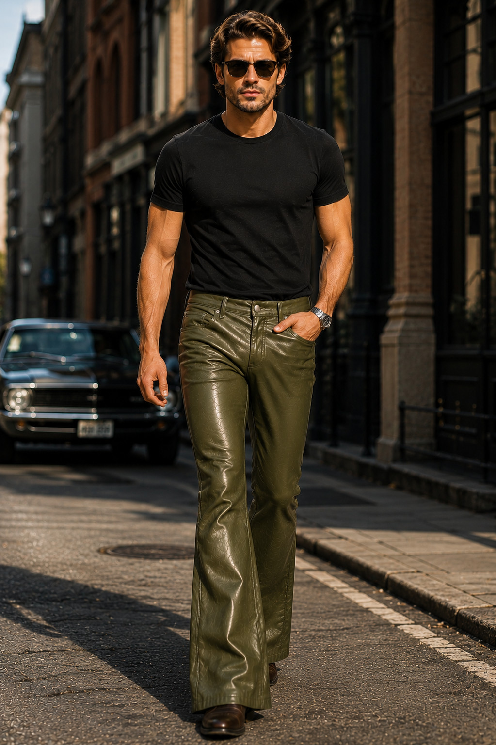 Men Formal Flared Bell Bottom Dress Pants Olive Green Casual Trousers Bootcut