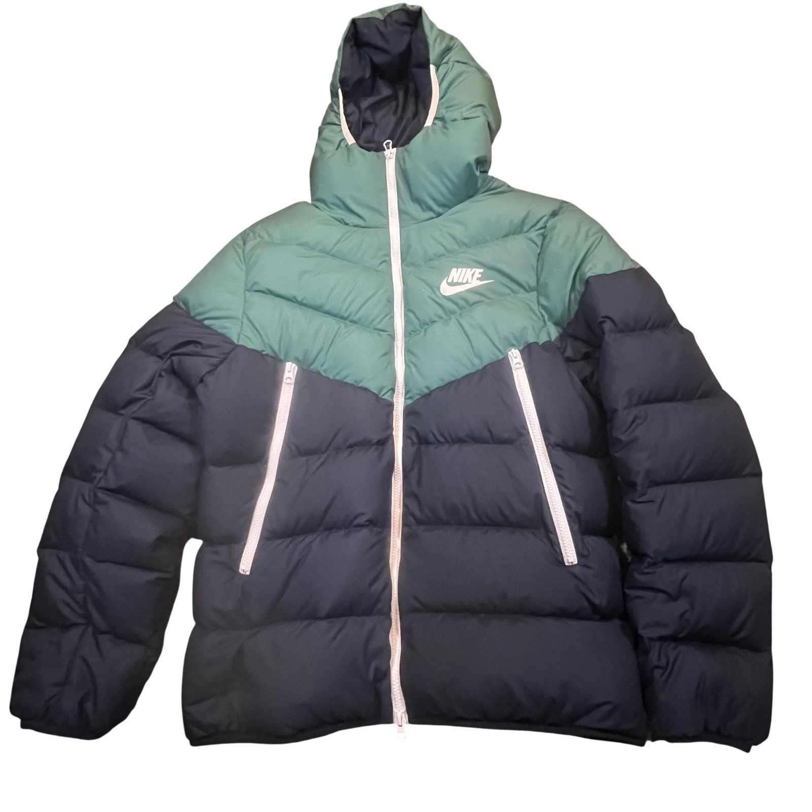 Nike Mens Windrunner Down Fill Puffer Jacket Teal Navy Blue Colorblock Hooded M