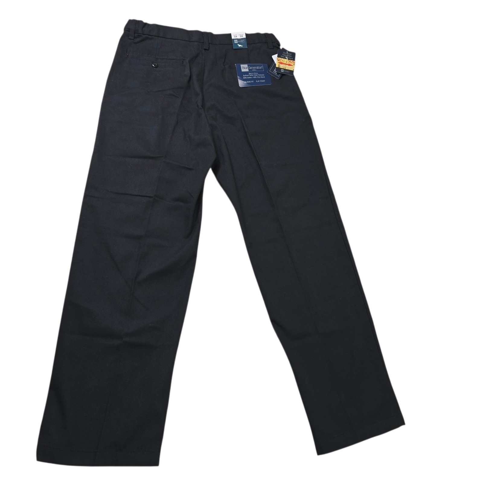 Blue Generation Mens Black Chino Pants Classic Fit Flat Front Size 34×30