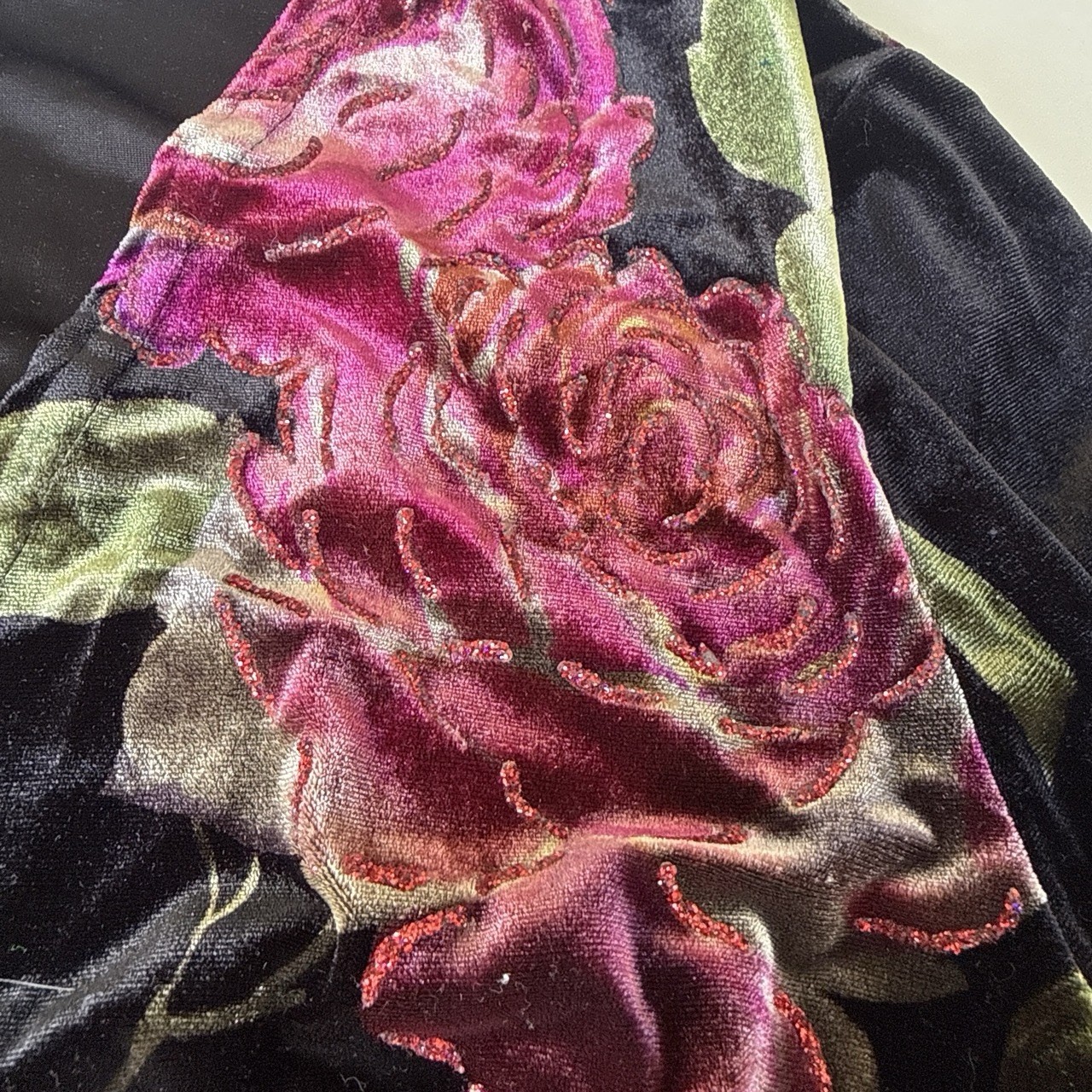 Brownstone Studio black velvet red 3d floral cardigan jacket
