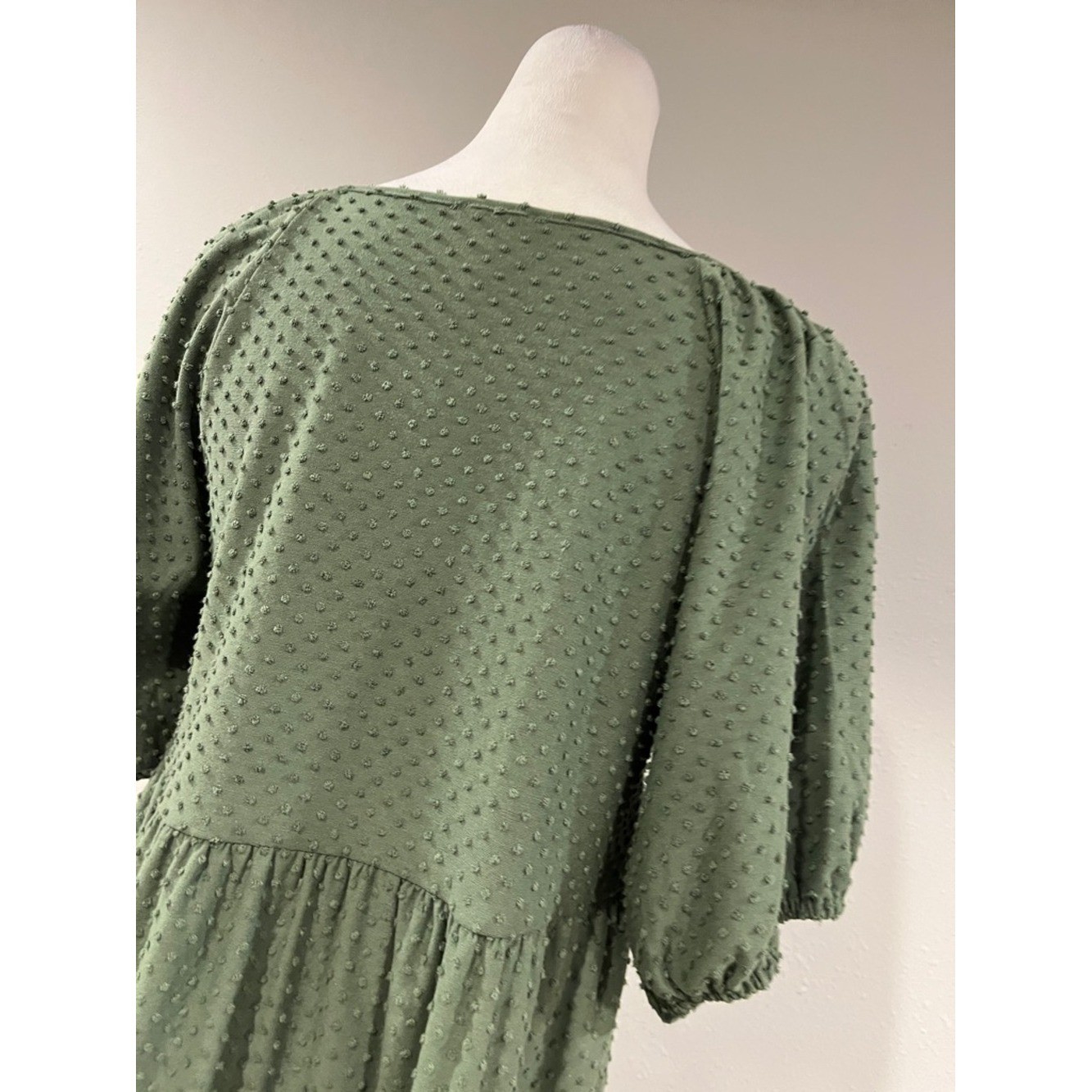 J. Crew Olive Green Textured Tiered puffy short sleeves Midi Dress