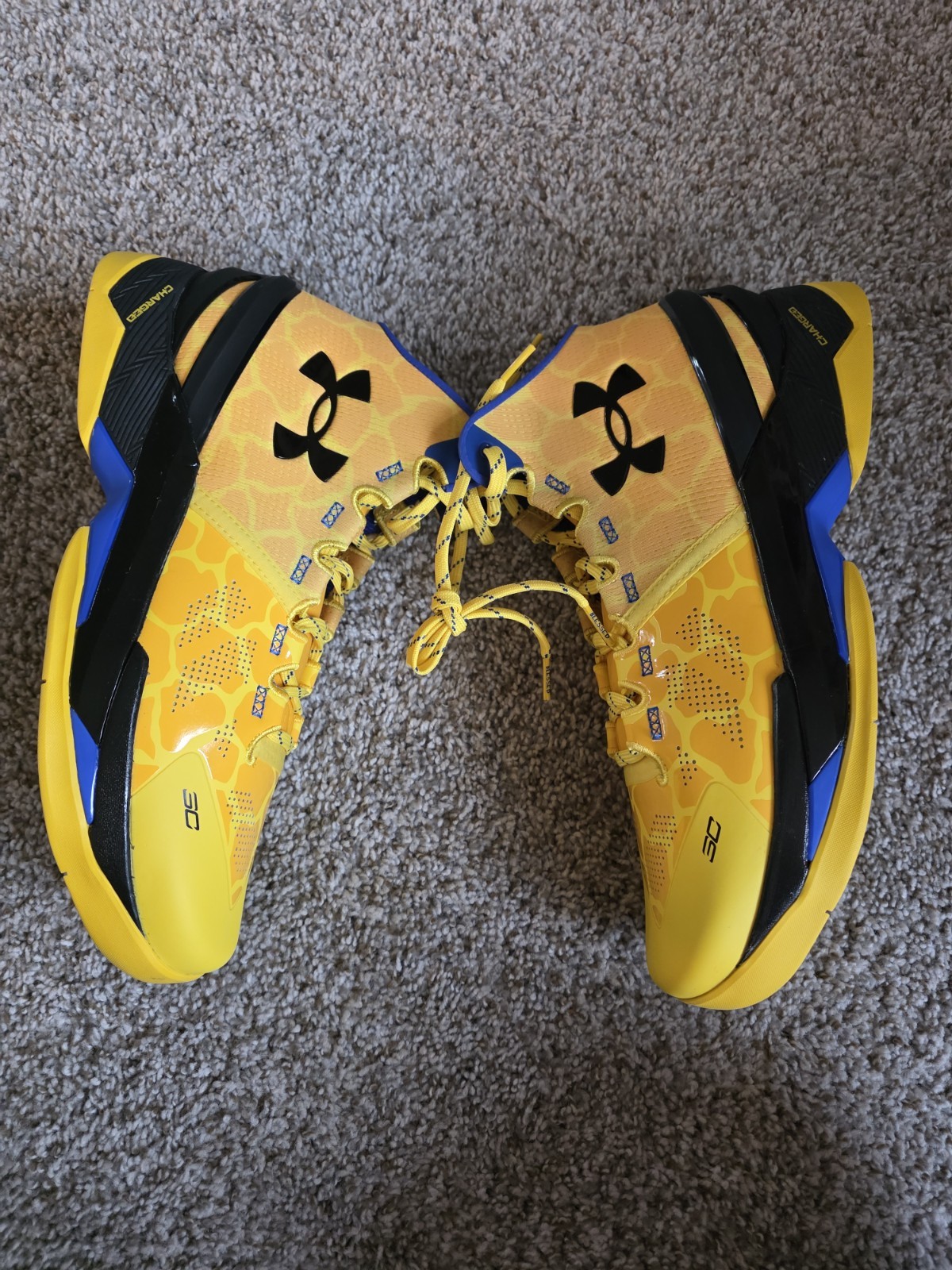 Under Armour Curry 2 Double Bang Basketball Shoes Gold Blue 3026281-700 Mens 13