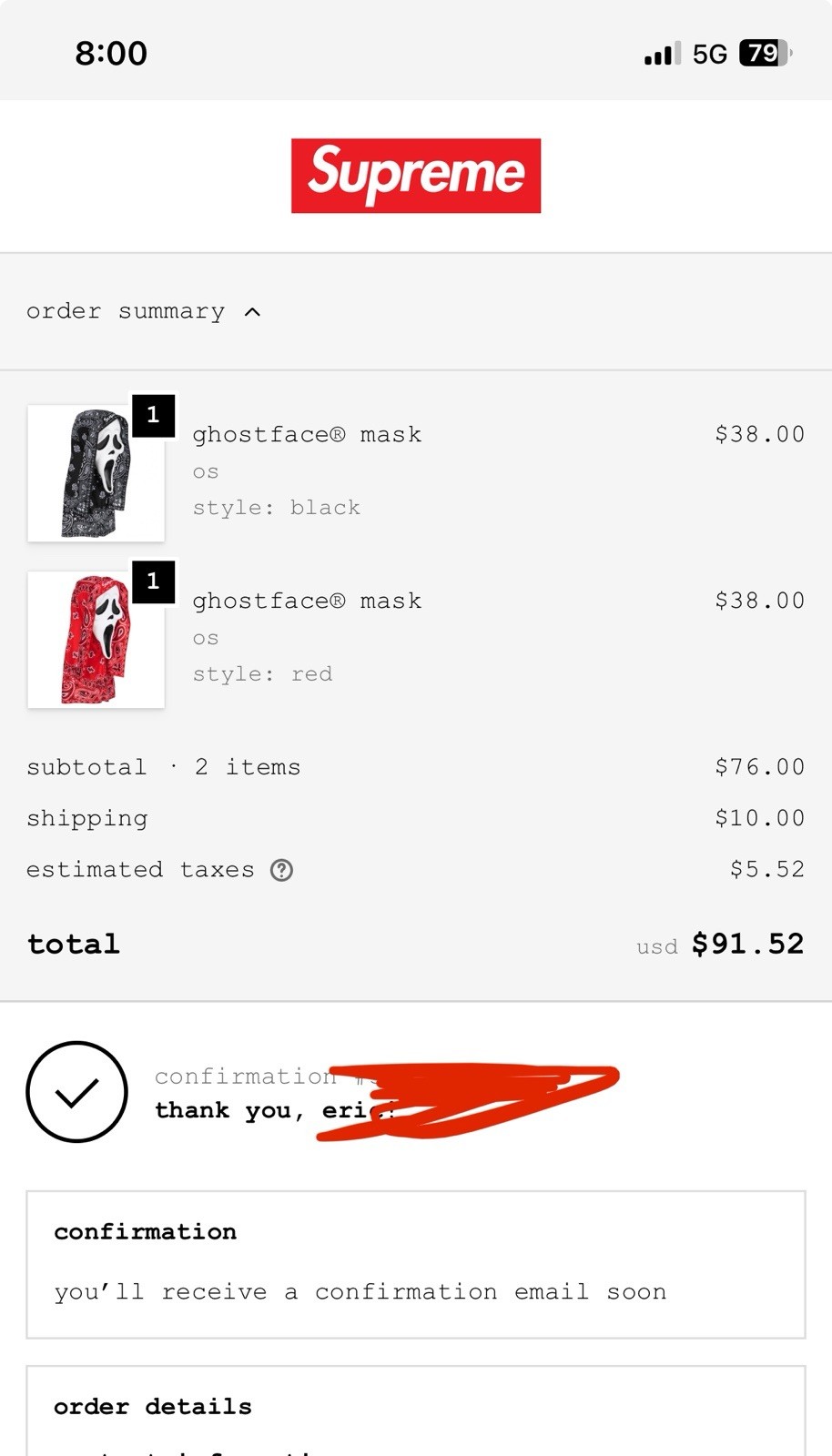 *CONFIRMED ORDER WITH RECEIPT* SUPREME GHOSTFACE MASK RED COLOR RED BANDANA