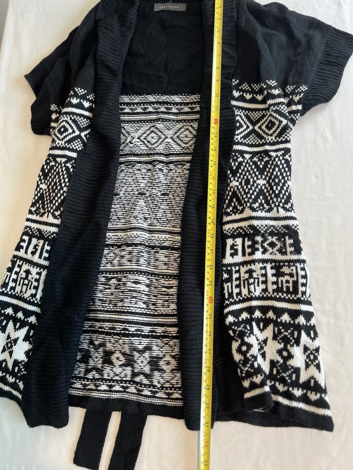 Black White Aztec Geometric Cardigan Open Front Short Sleeve Boho Knit Sweater