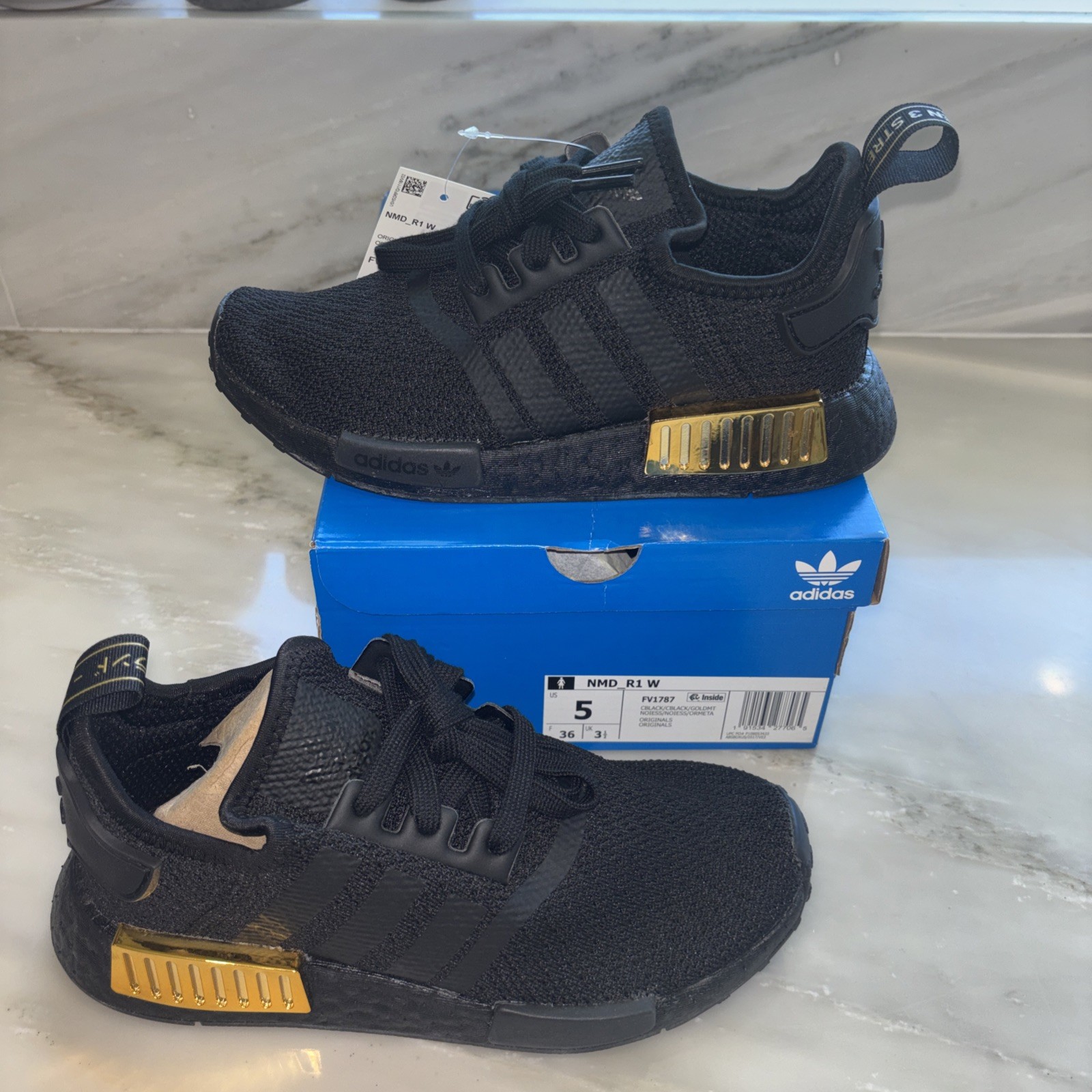Adidas NMD_R1 Black Gold Metallic Women’s Athletic Shoes FV1787 Size 5