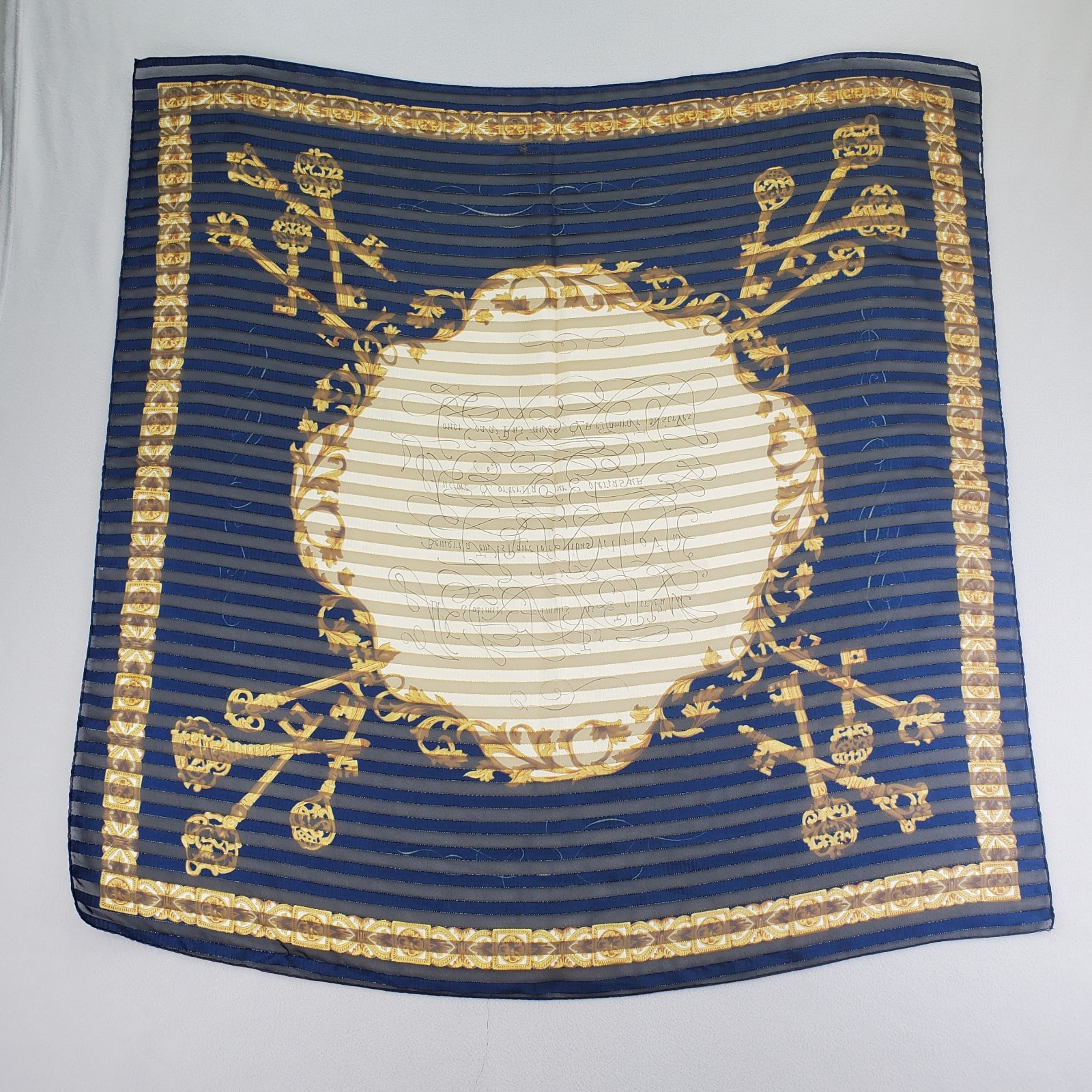 VTG Manuscript Scarf 35in Square Blue Shadow Stripe Faux Latin Gold Metallic Key