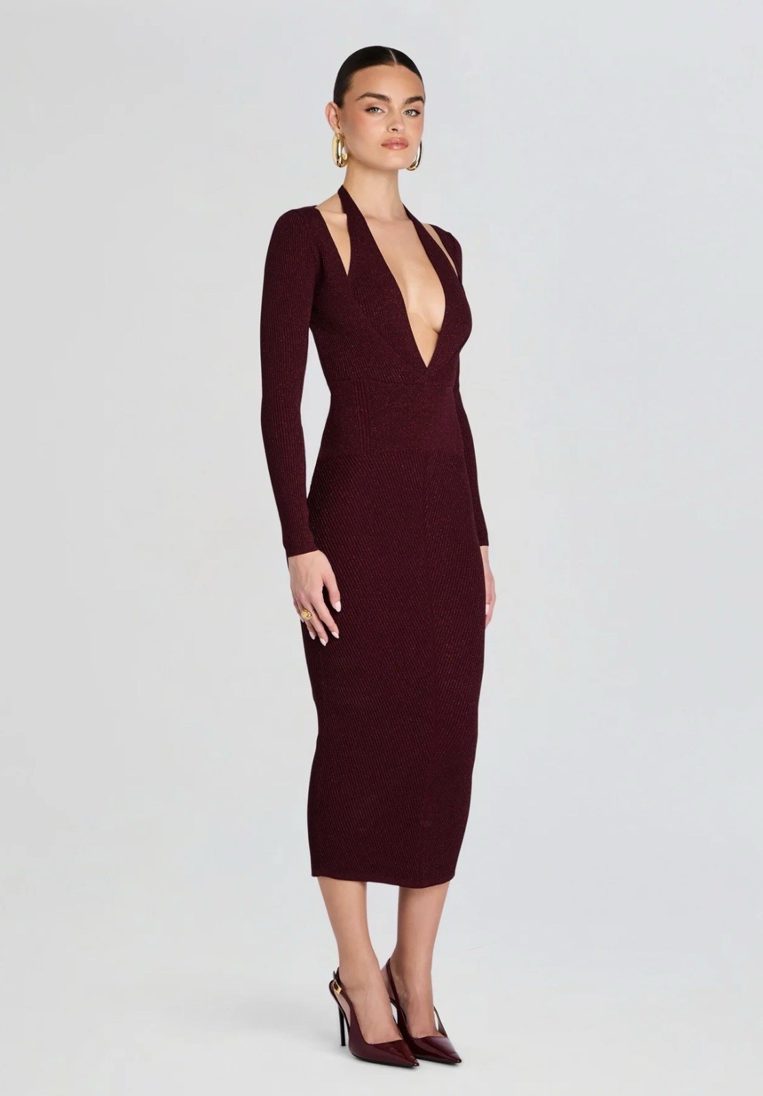Retrofete Metallic Embellished Burgundy Knit Ribbed Dress Gown Sample Sz S $488