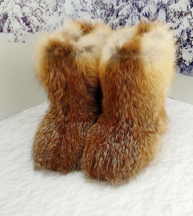 Handmade Ankle-High Fox Fur Boots for Women, Winter Snow Boots, Moutons