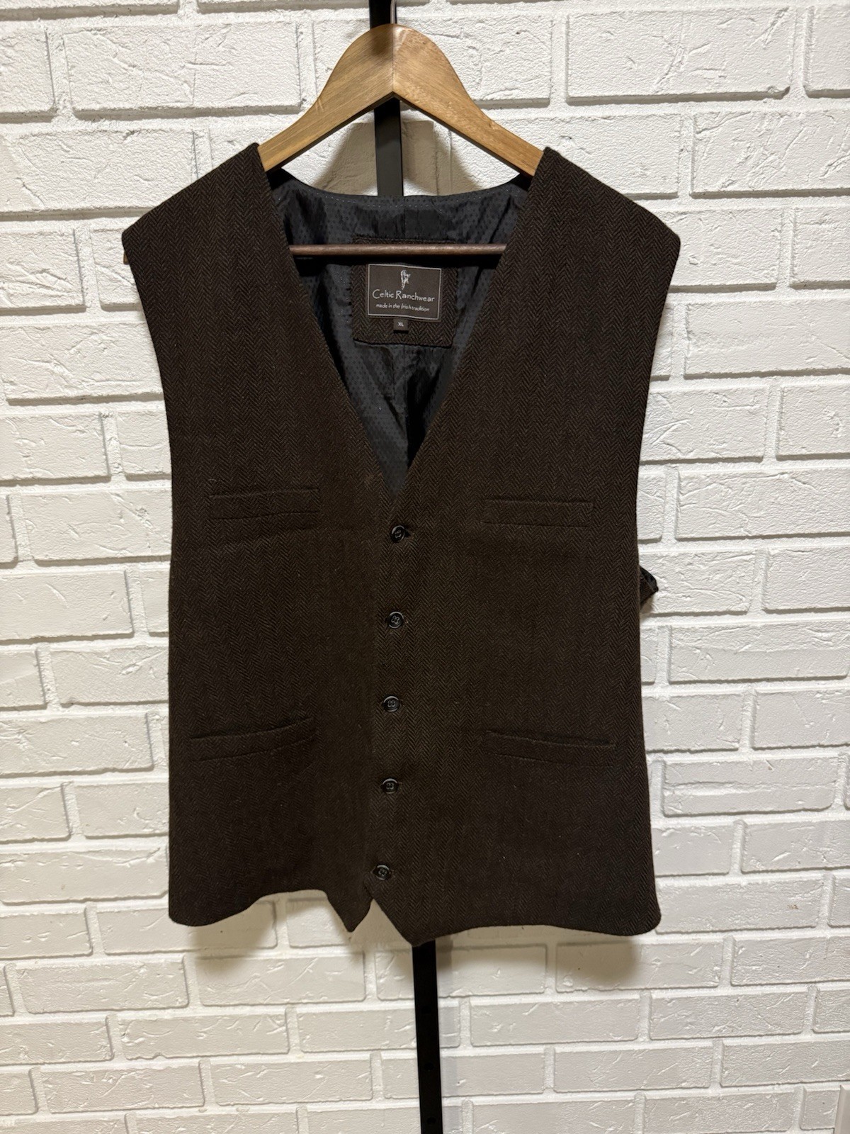 Celtic Ranchwear Herringbone Tweed Vest Mens L Waistcoat Lined Wool Blend Brown