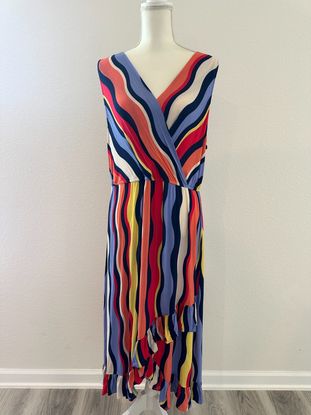Anthropologie Plenty by Tracy Reese Stripe Faux Wrap Ruffle Midi Dress XL Summer