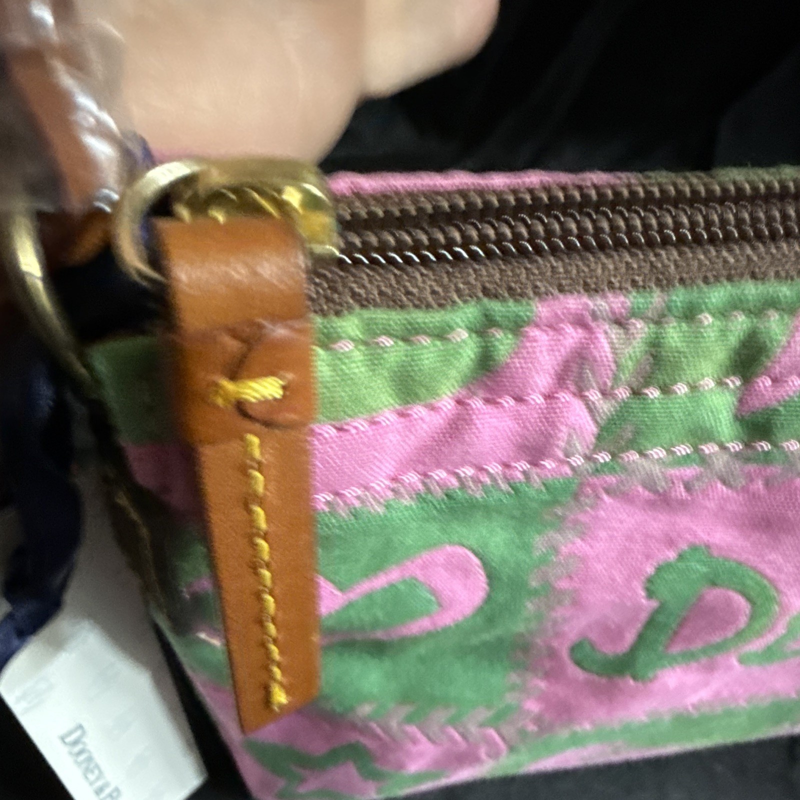 Dooney & Bourke Pink Green Logo Top Handle Zip Bag Lined Pockets Gold