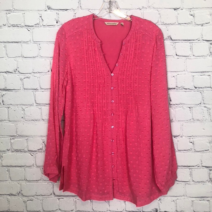 Soft Surroundings Pink Swiss Dot Pintuck Tunic Size S