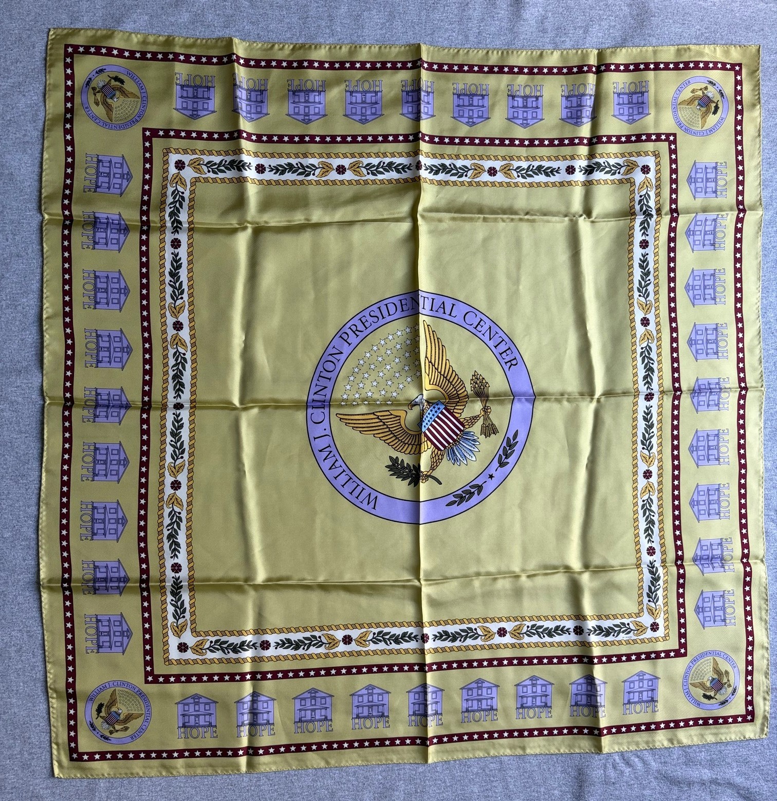Bill Clinton Presidential Museum Library Scarf 35 in.Sq. Silk Gold Lavender Seal