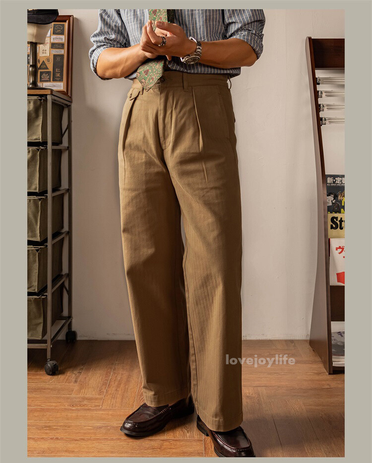 Red Tornado Retro Men’s HBT Straight Pants Cotton Pleated Casual Formal Trousers