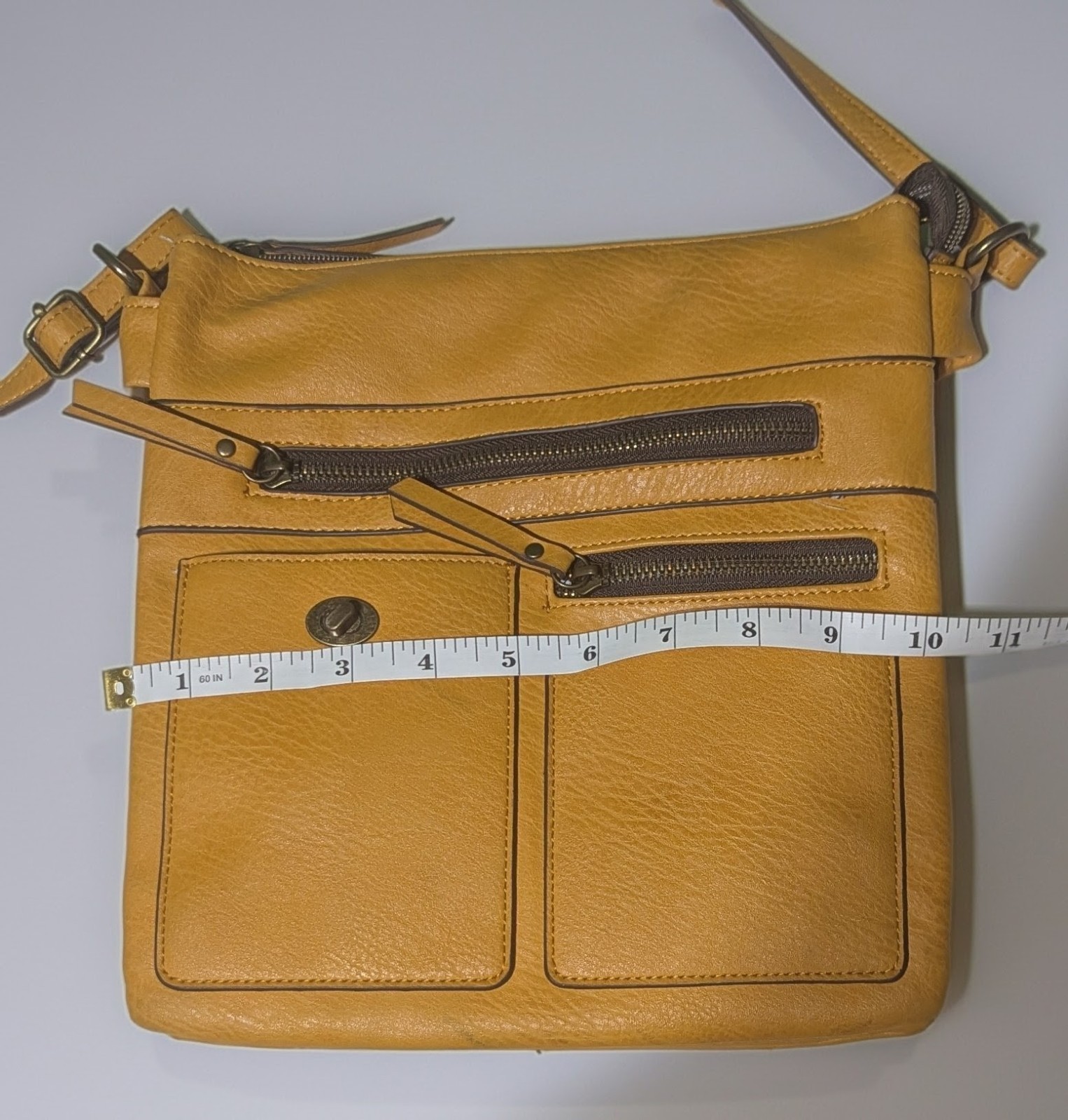 Mustard Faux Leather Crossbody Bag Multi Zip Organizer Adjustable Strap