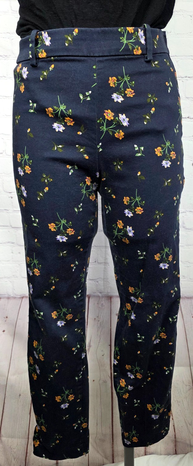 H&M Chino Pants Navy Blue Floral Slacks Stretch Side Zip Casual Career Preppy 8