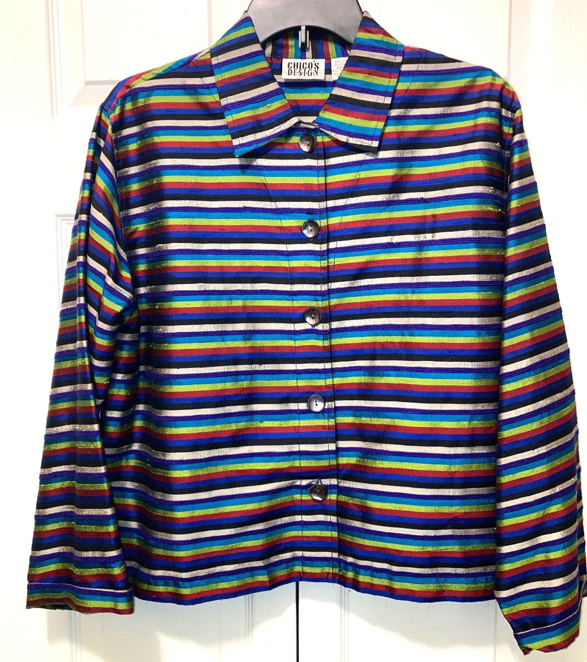 Chico’s Woman’s Blue Lime Green Red White Striped Silk Blouse Size 1 Or M