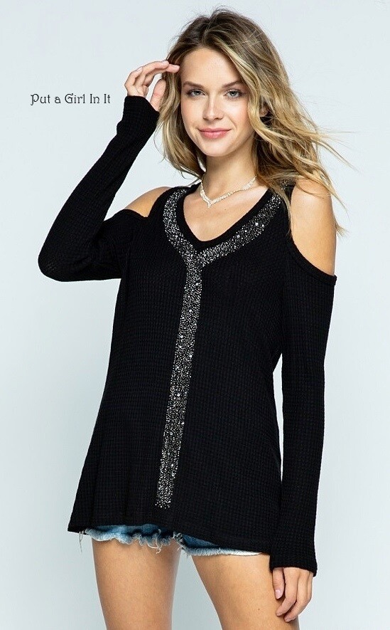 Vocal Apparel Women’s Black Crystal Soft Cold Shoulder Tunic Shirt Boho S M L XL