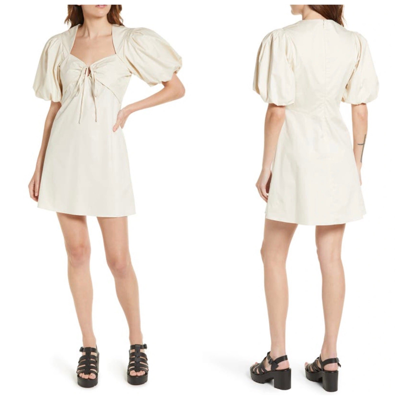 NEW Frame Tie Neck Puff Sleeve Stretch Poplin Minidress Flax Beige Cotton Medium