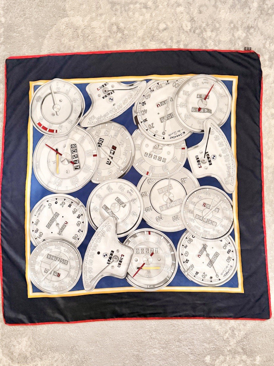 Vintage 90s BMW Silk Scarf Speedometers Dashboard Gauges Made in Italy 35” Blue