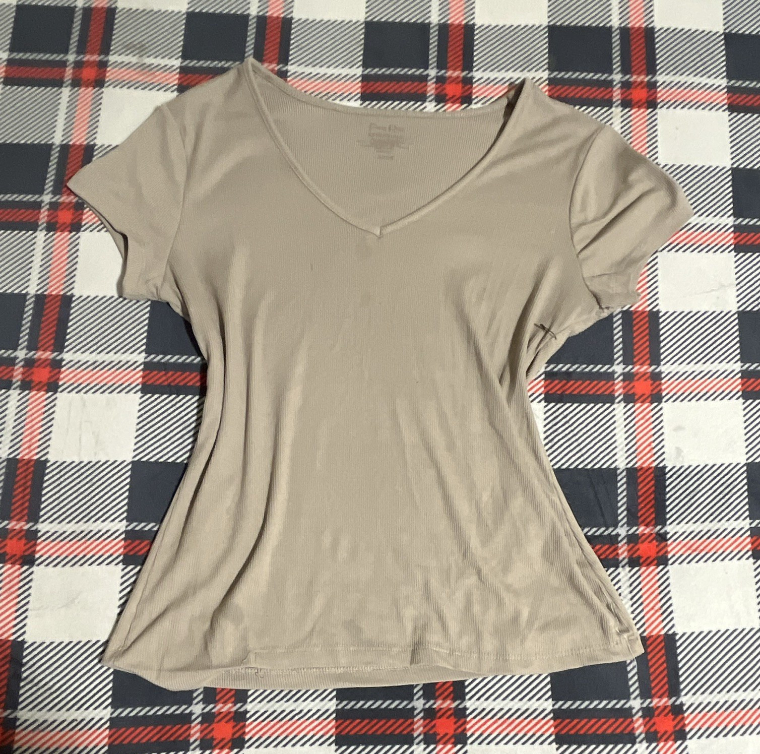 Beige Solid Knit V-Neck Short Sleeve Basic T-Shirt Women Size S