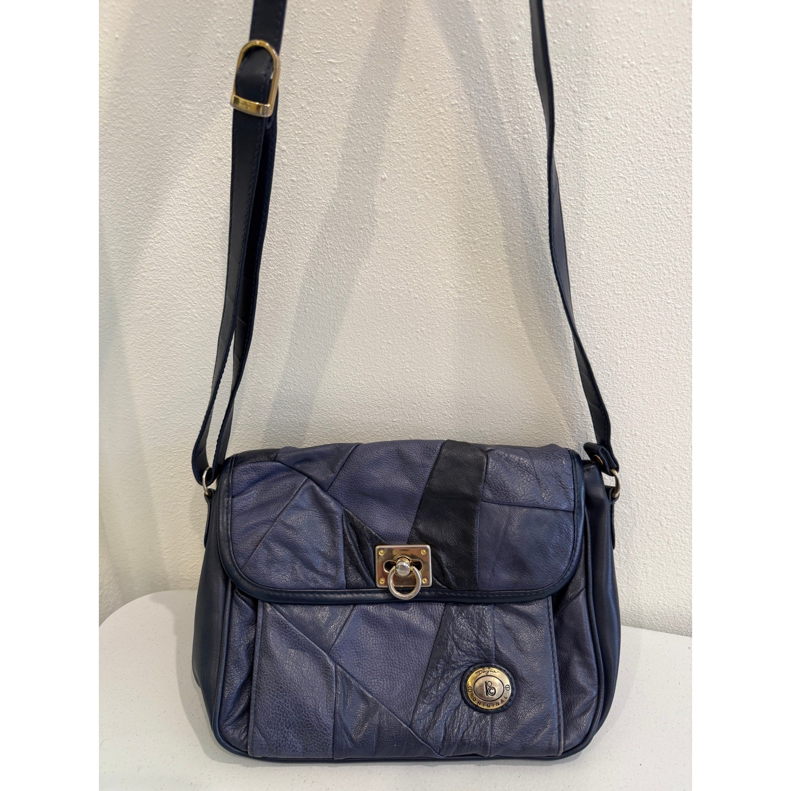 Paglia Original Vintage Navy Patchwork Leather Crossbody Shoulder Bag Gold Tone