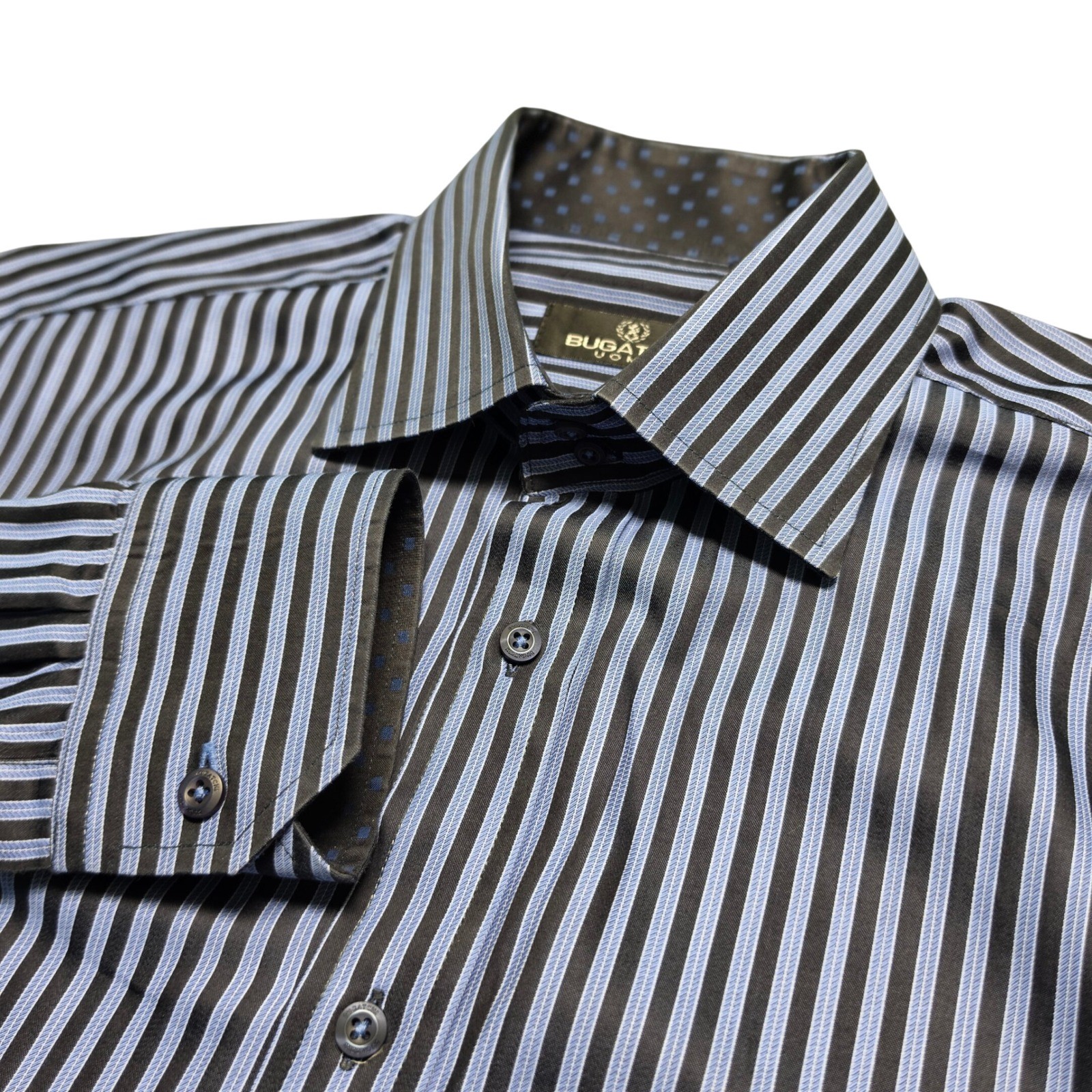 Button Down Shirt Bugatchi L Mens Blue Black Excellent Striped Long Sleeve