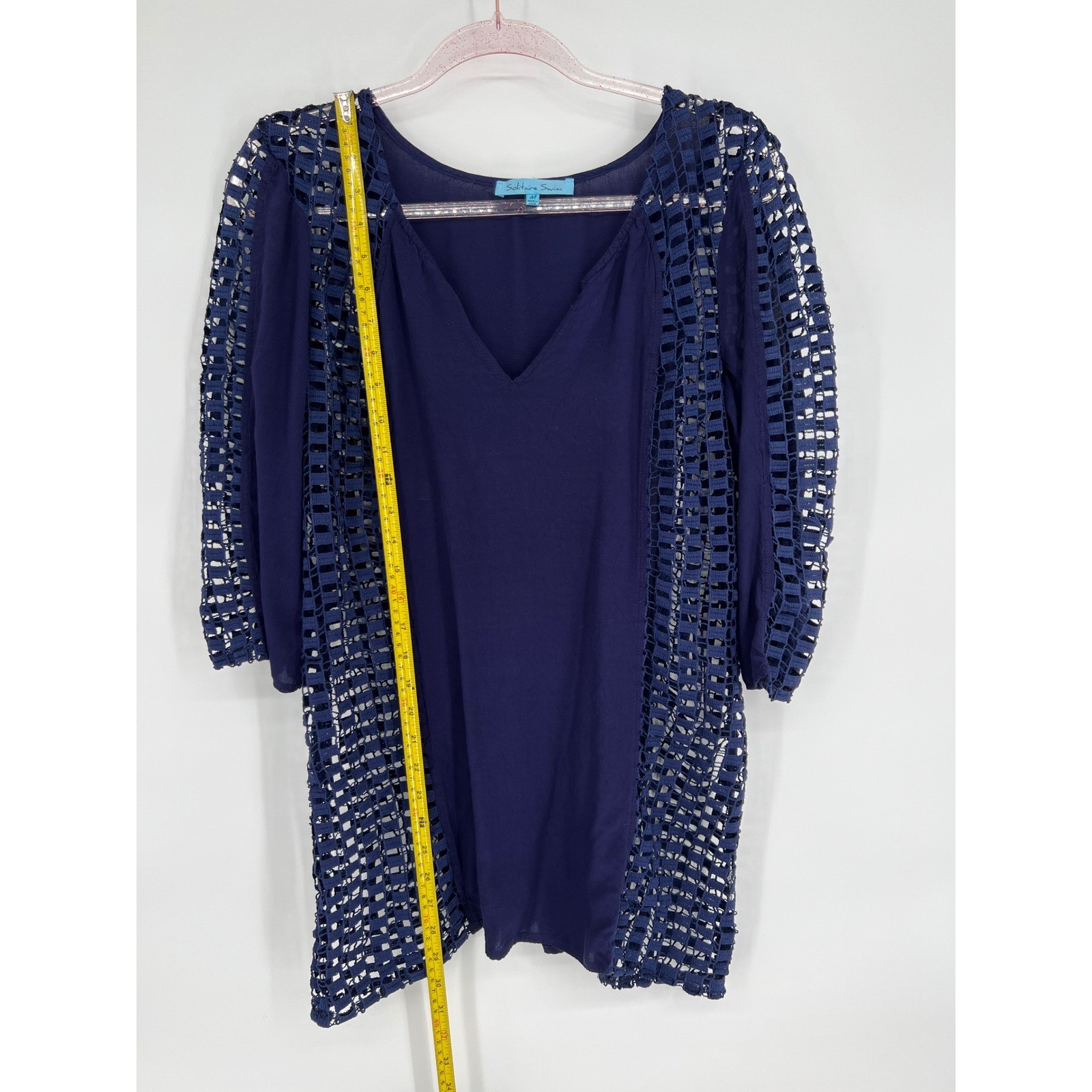 Solitaire Swim Cover Up Tunic Dress Crochet Trim V Neck Navy Blue Size M