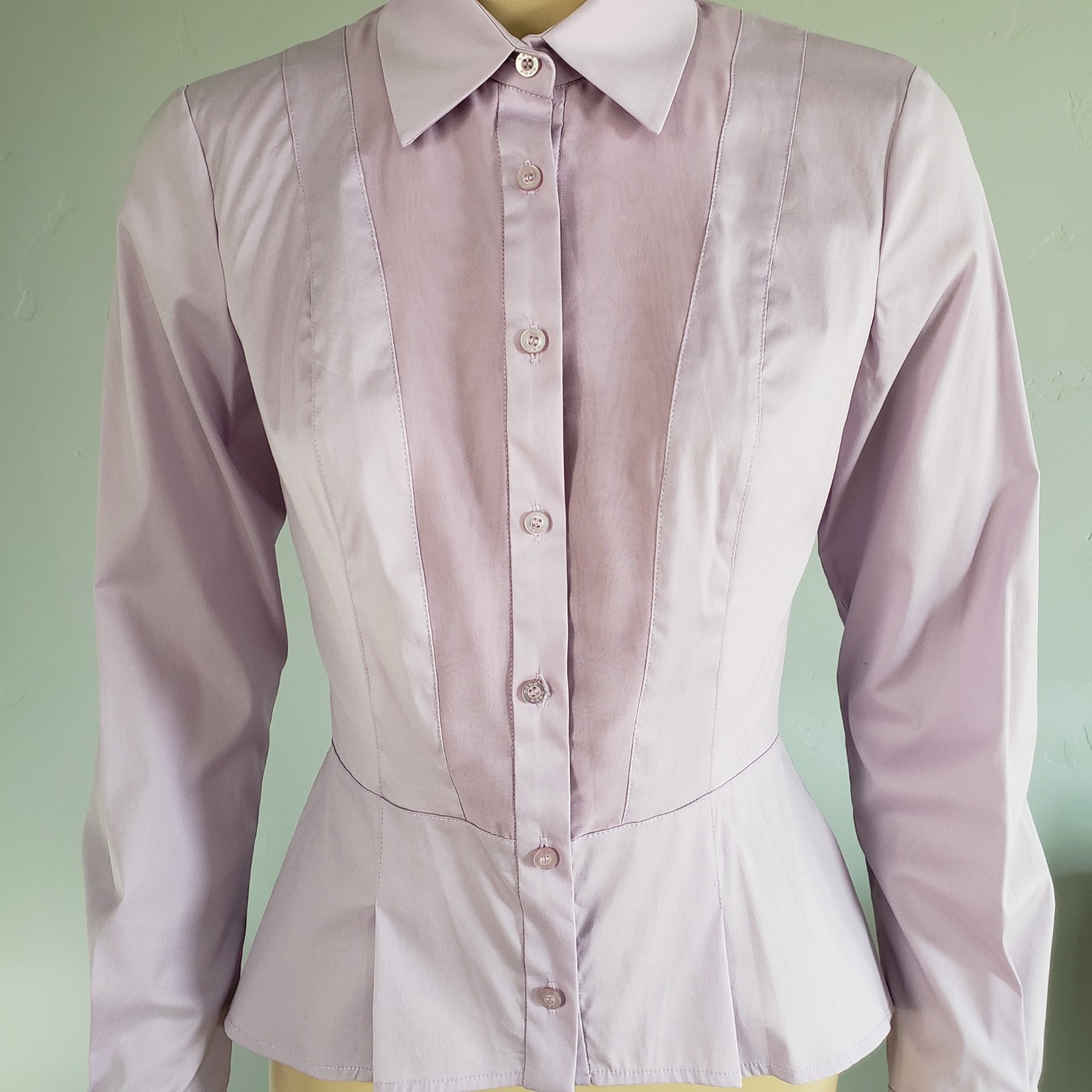 Bebe Lilac Purple Poplin Peplum Structured Long Sleeve Blouse Shirt Small NWT