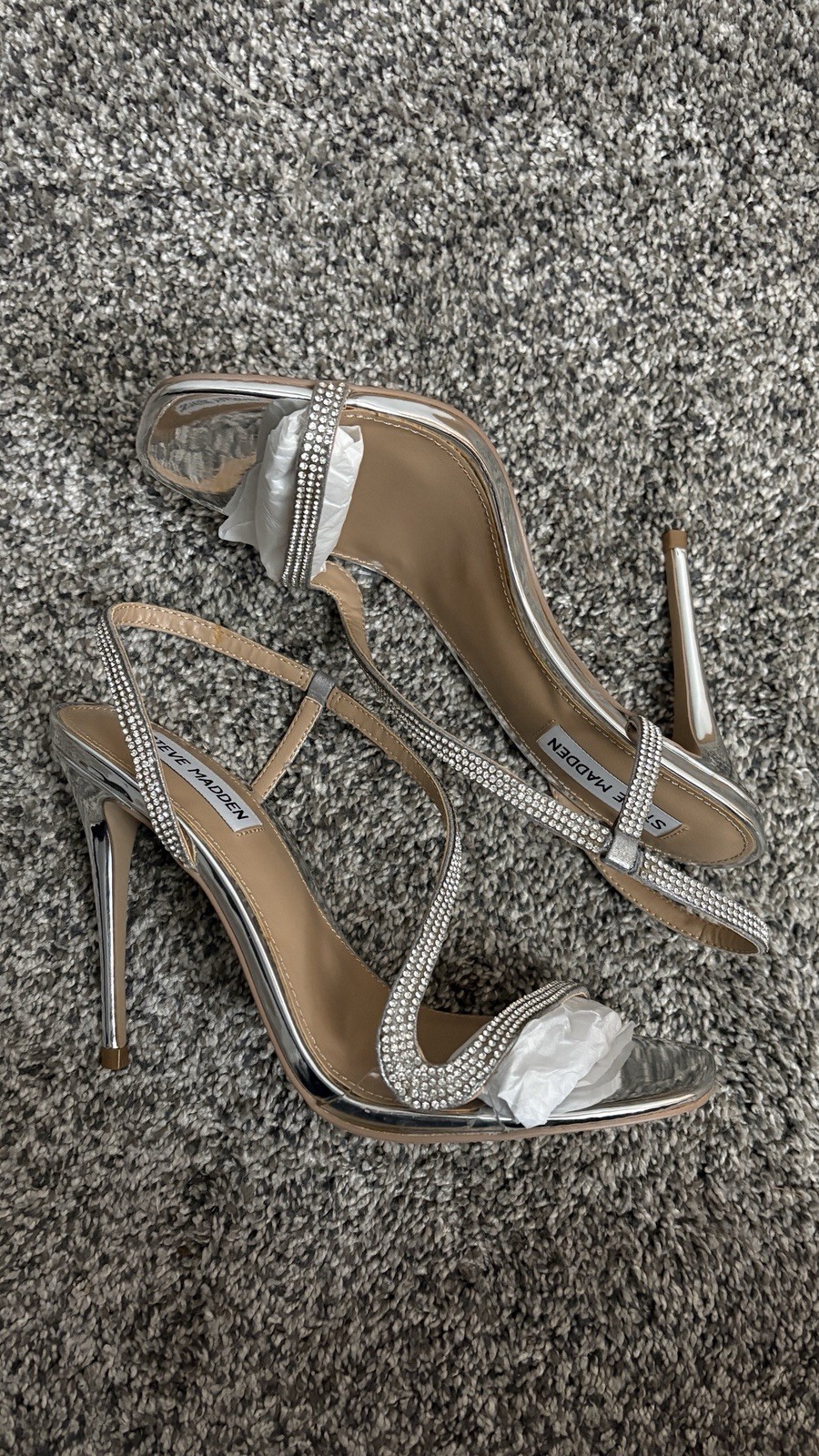Steve Madden Noelle Rhinestone Silver Stiletto Sandals – Size 8
