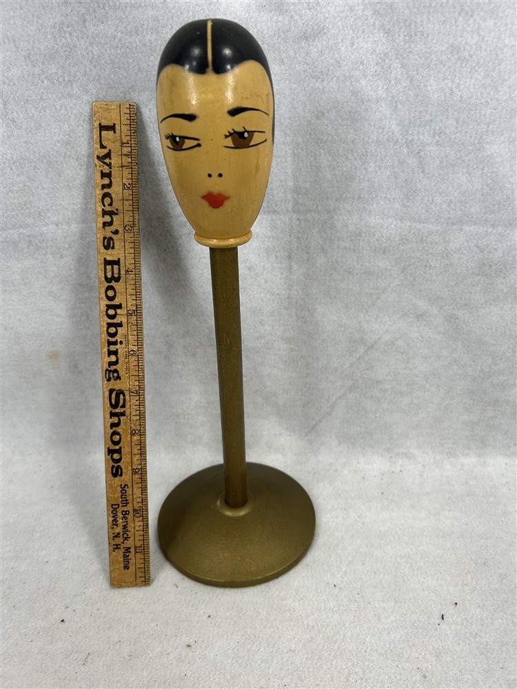 antique hat wig stand wood lady face hand painted 12.75 high original 1920