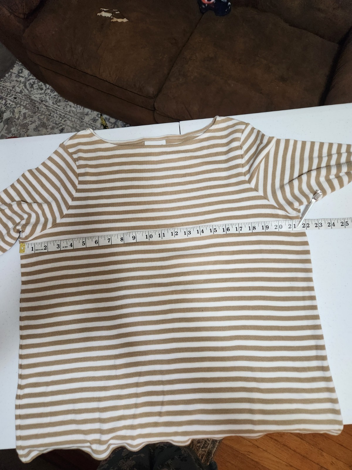 J. Jill Beige Striped Knit Pullover Boatneck Stretch Medium Basic Quiet Luxury