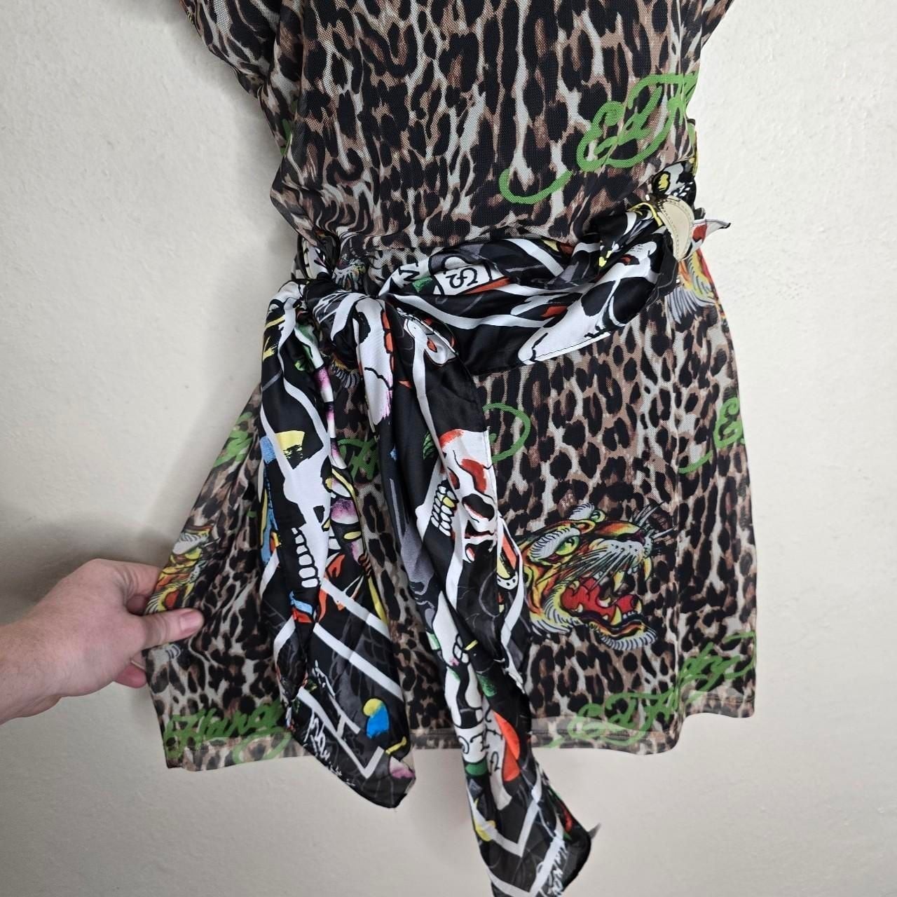 Ed Hardy Leopard Tiger Graphic Mesh Mini Dress with Scarf Belt
