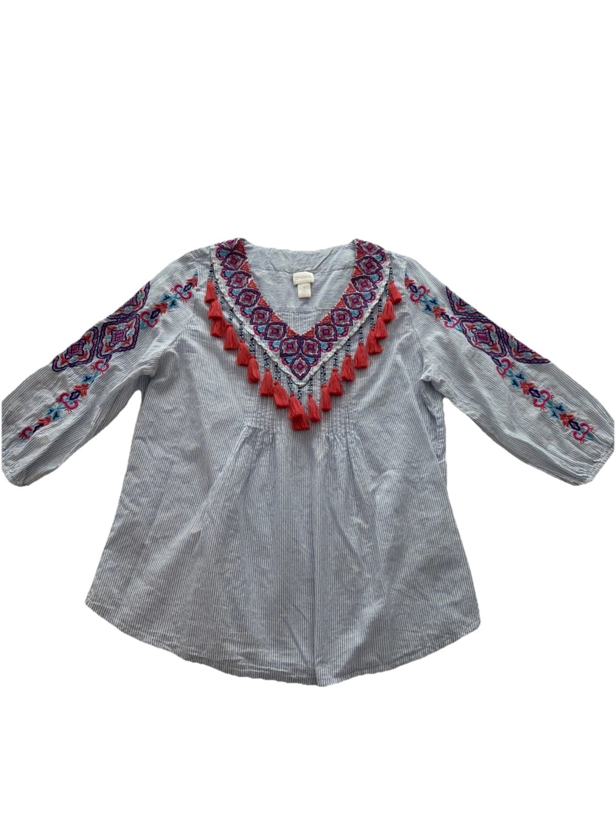 Chico’s blue embroidered beaded tasseled pesant tunic boho blue blouse size 8-10
