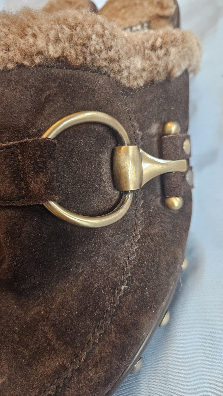 Stuart Weitzman Brown Suede Shearling Lined Mule Wedge Buckle Fur Trim 8M Y2K