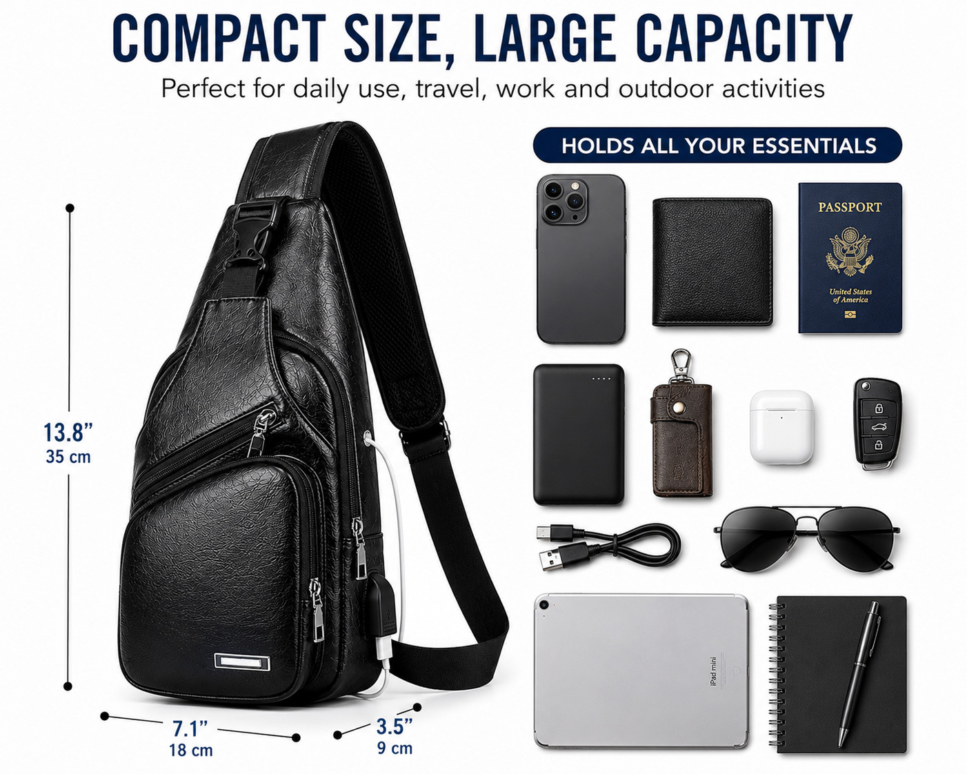 Black Chest Crossbody Bag Sling Backpack for Men with USB Charge Port