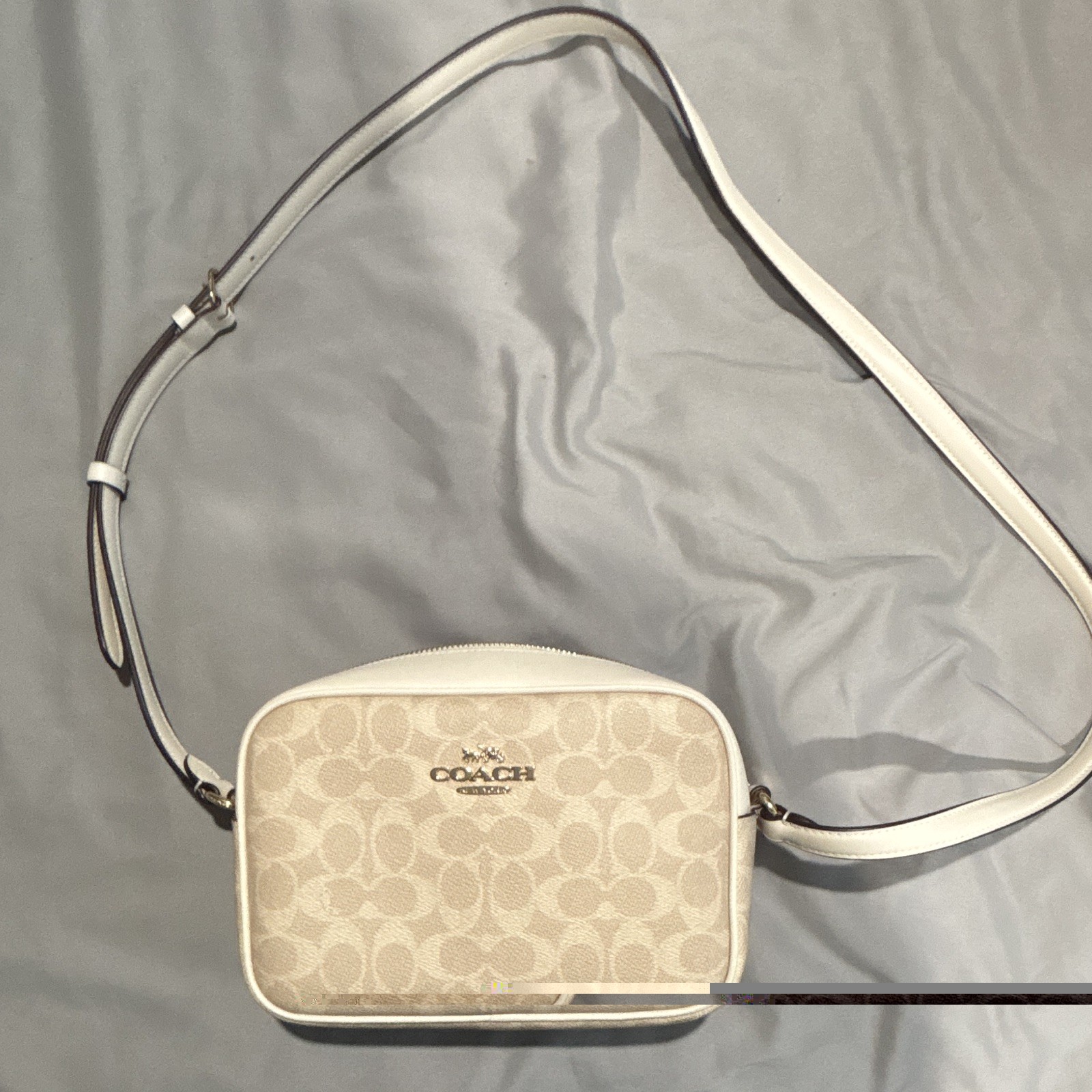 Coach Signature Monogram Small Zip Crossbody Bag Beige/White Detachable Strap