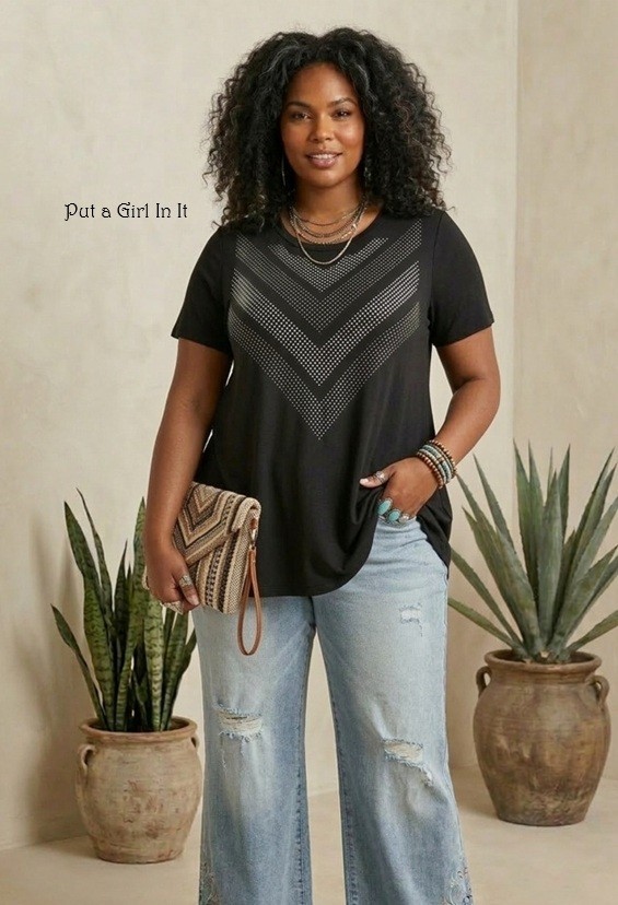 New Vocal Apparel Women’s Plus Size Black Embellished Crystal Tunic Shirt 1X 2X