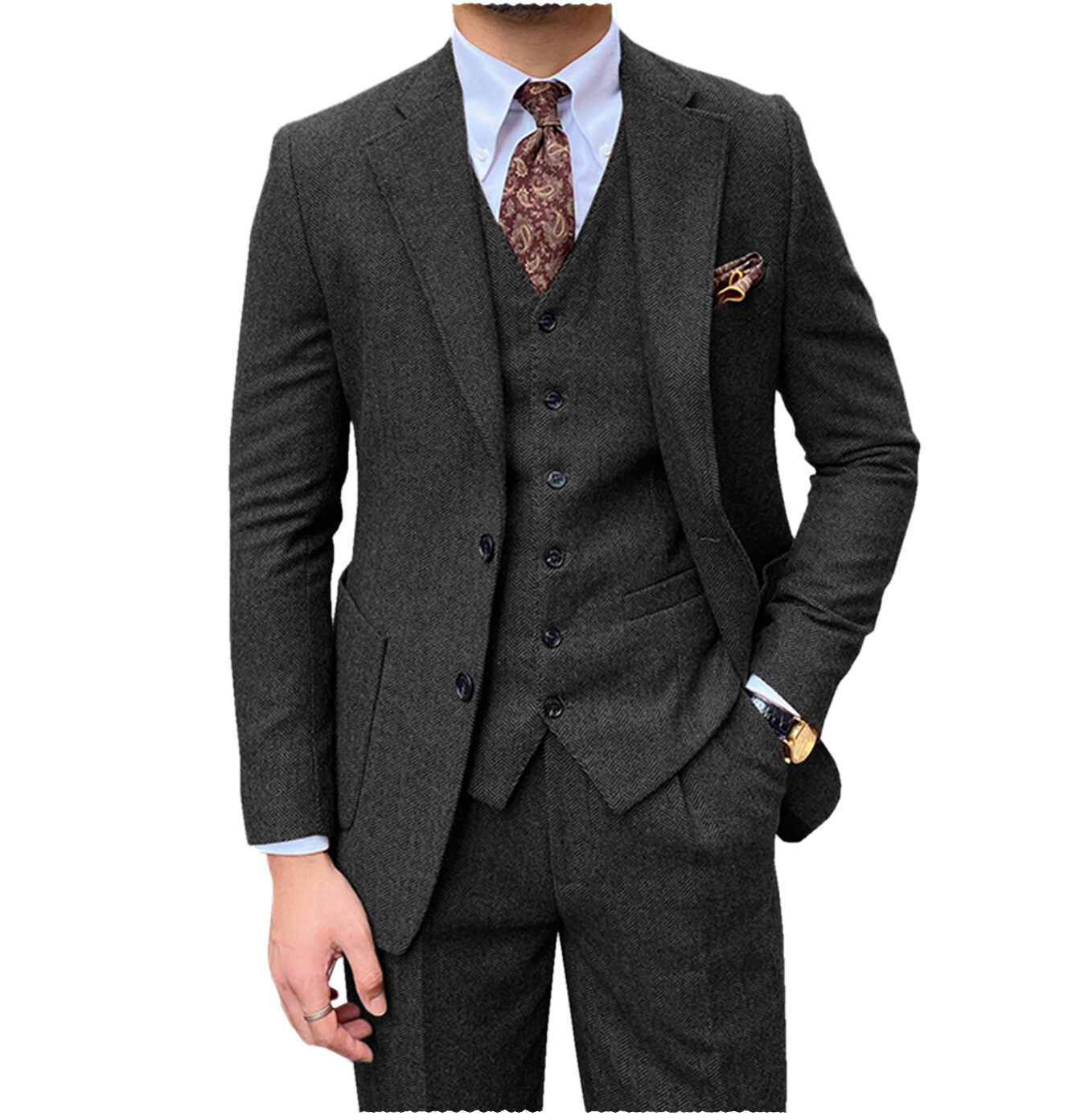 Mens 3Pcs Suit Tweed Wool Herringbone Wedding Formal Tuxedo Suit 40r 42r 44r 46r