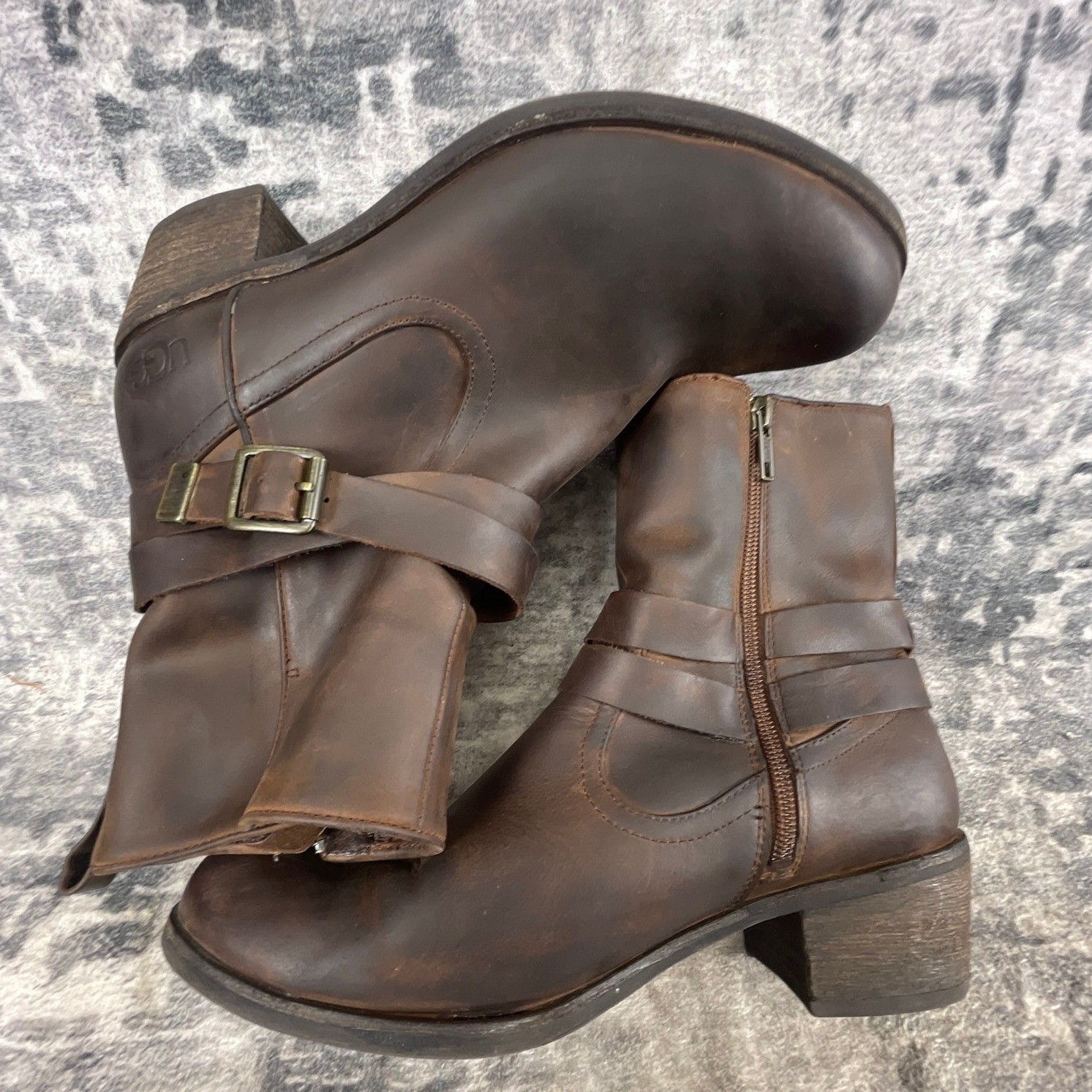 UGG Australia Womens 9 Lorraine Side Zip Biker Moto Harness Brown Boots Grunge