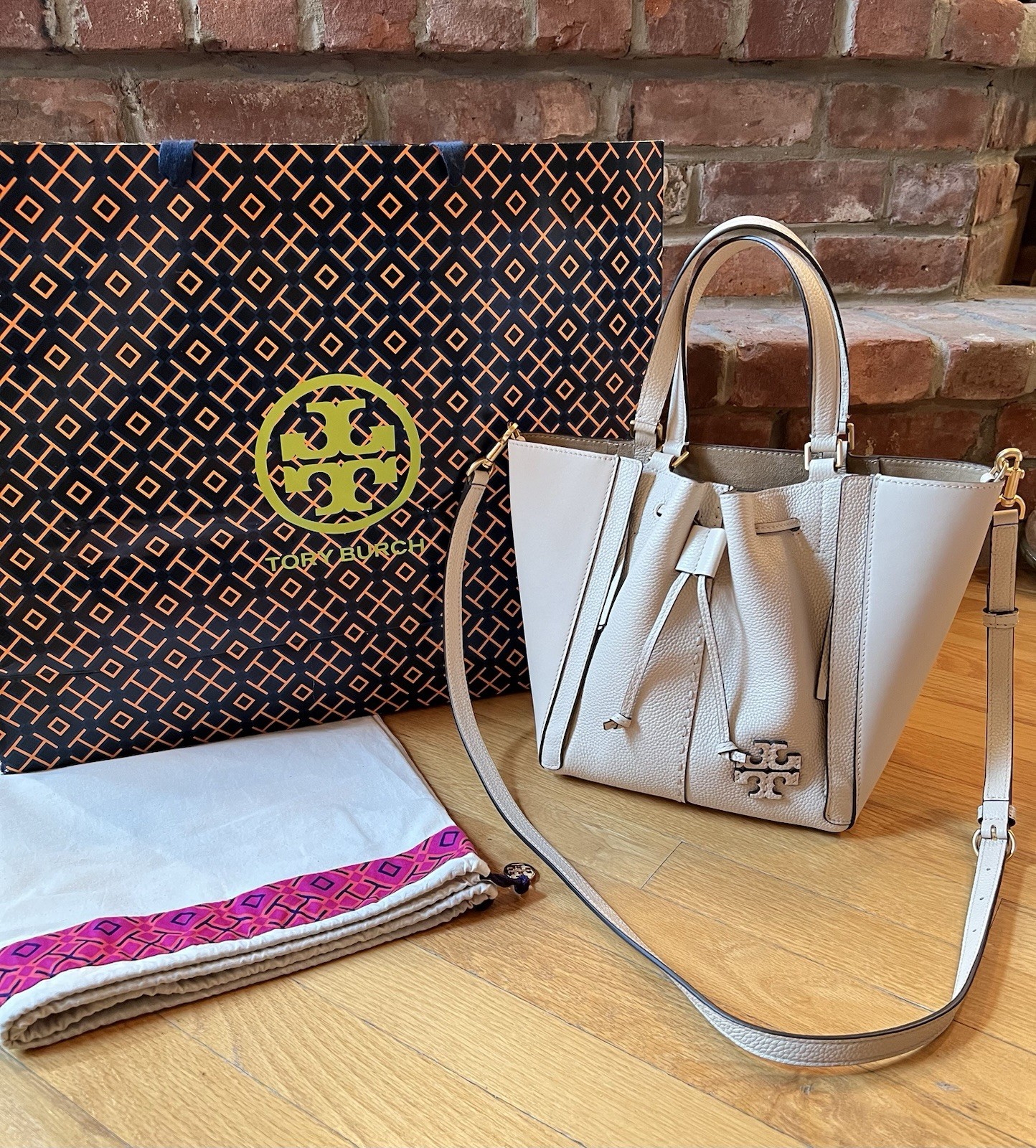 Tory Burch Ivory Brie Leather McGraw Dragonfly Drawstring Satchel Crossbody