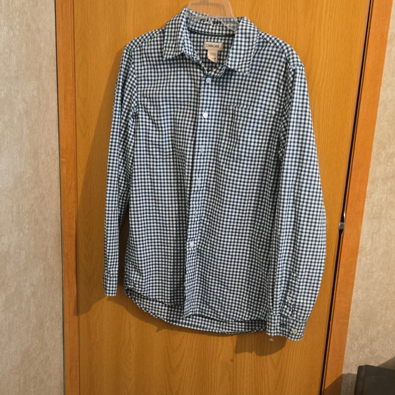 Cherokee Boys XL 16/18 Green/White Gingham Collared Long Sleeve Cotton Shirt